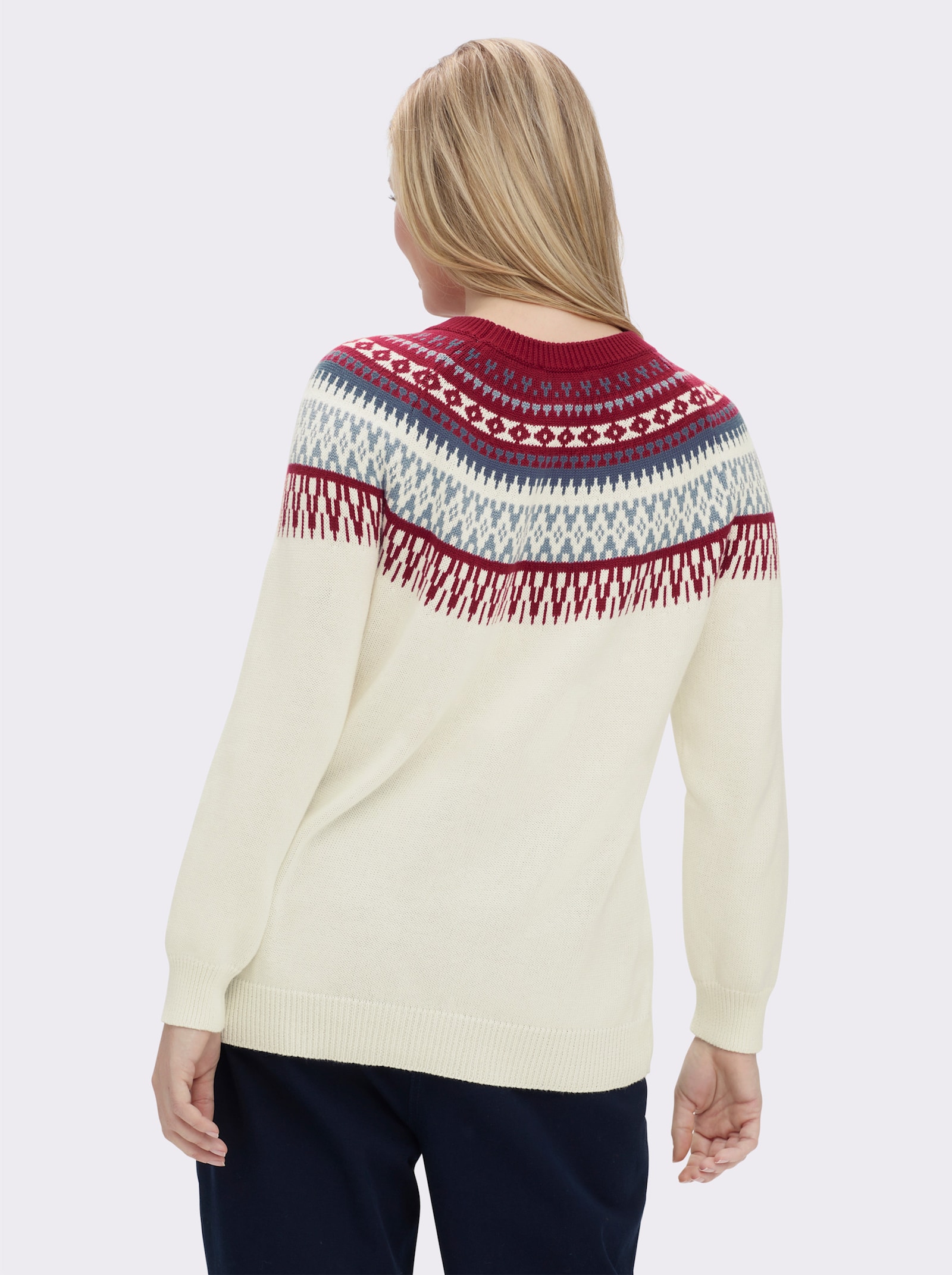 Norwegerpullover aus reiner Baumwolle - ecru-kirsche-gemustert
