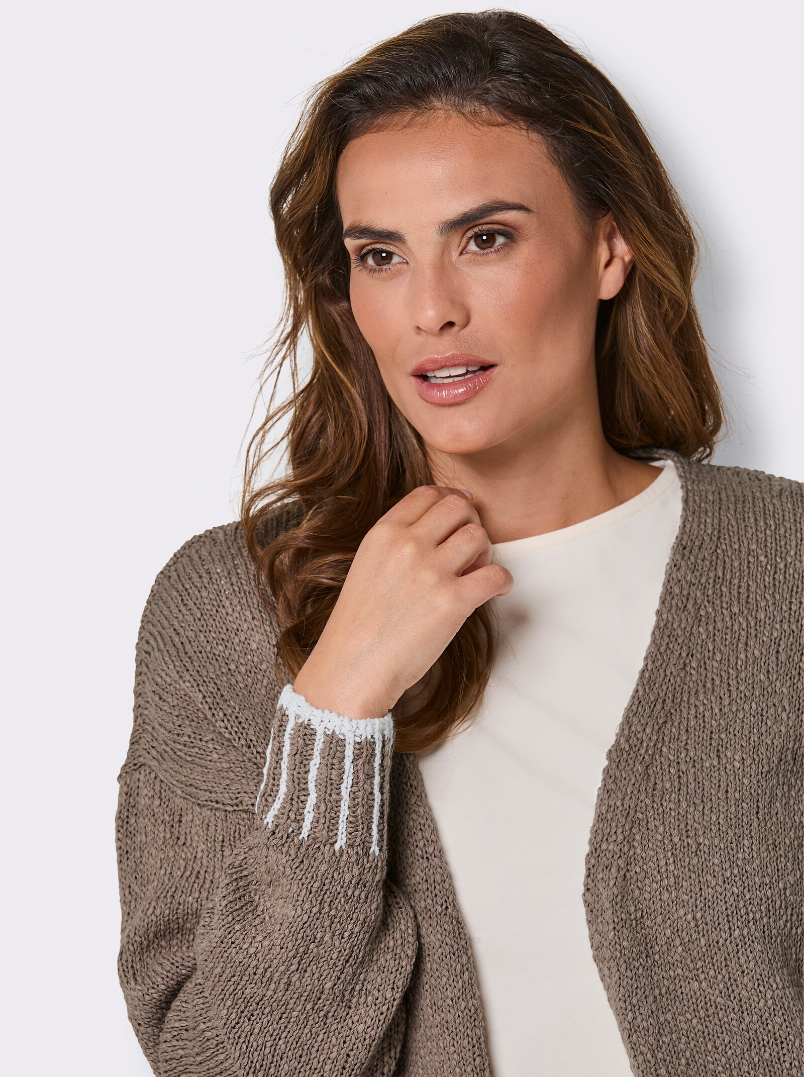 CREATION L PREMIUM Strickjacke mit Kontrast-Streifen - taupe