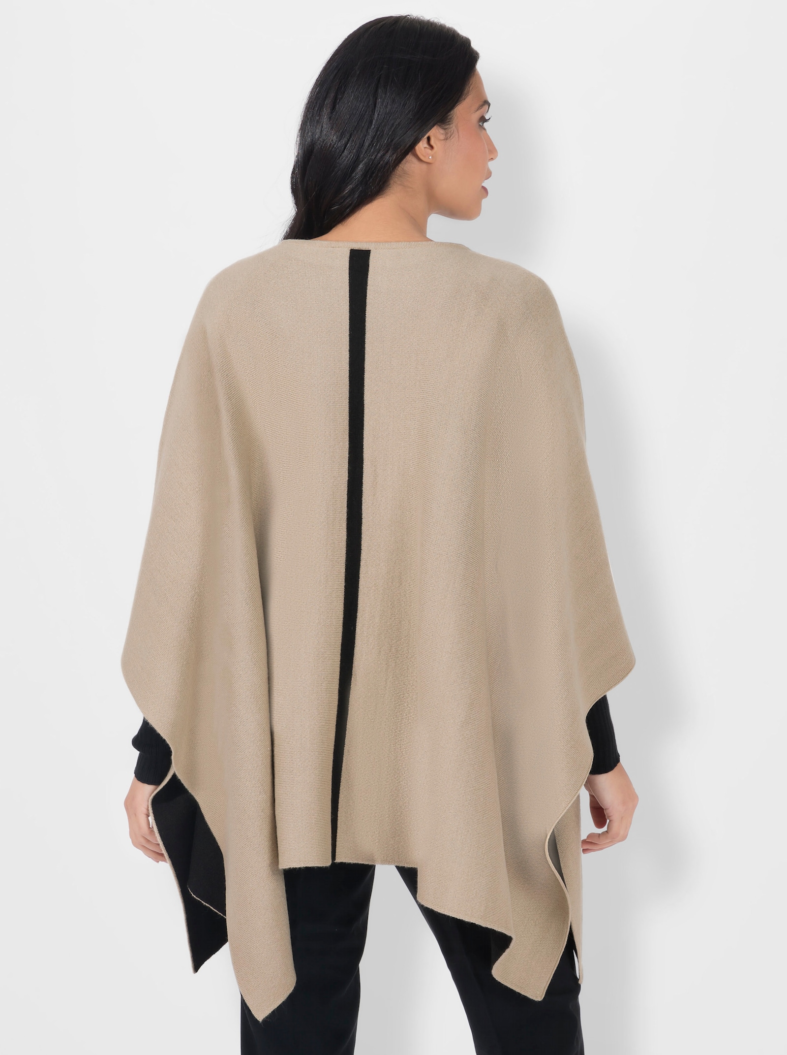 Strickponcho mit Kontrast-Streifen - beige