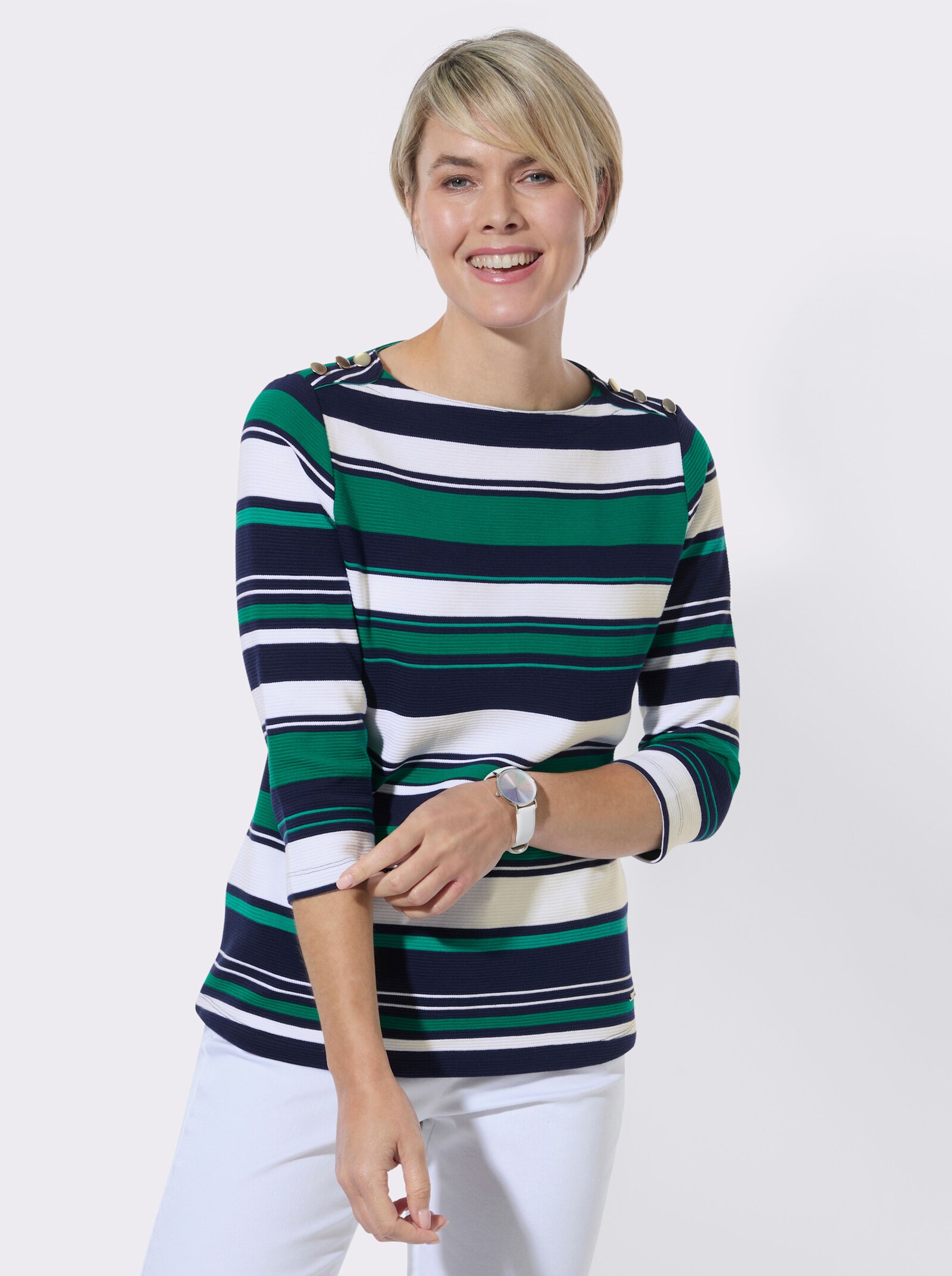 Ringelshirt mit Zierknöpfen an den Schultern - marine-grün-geringelt