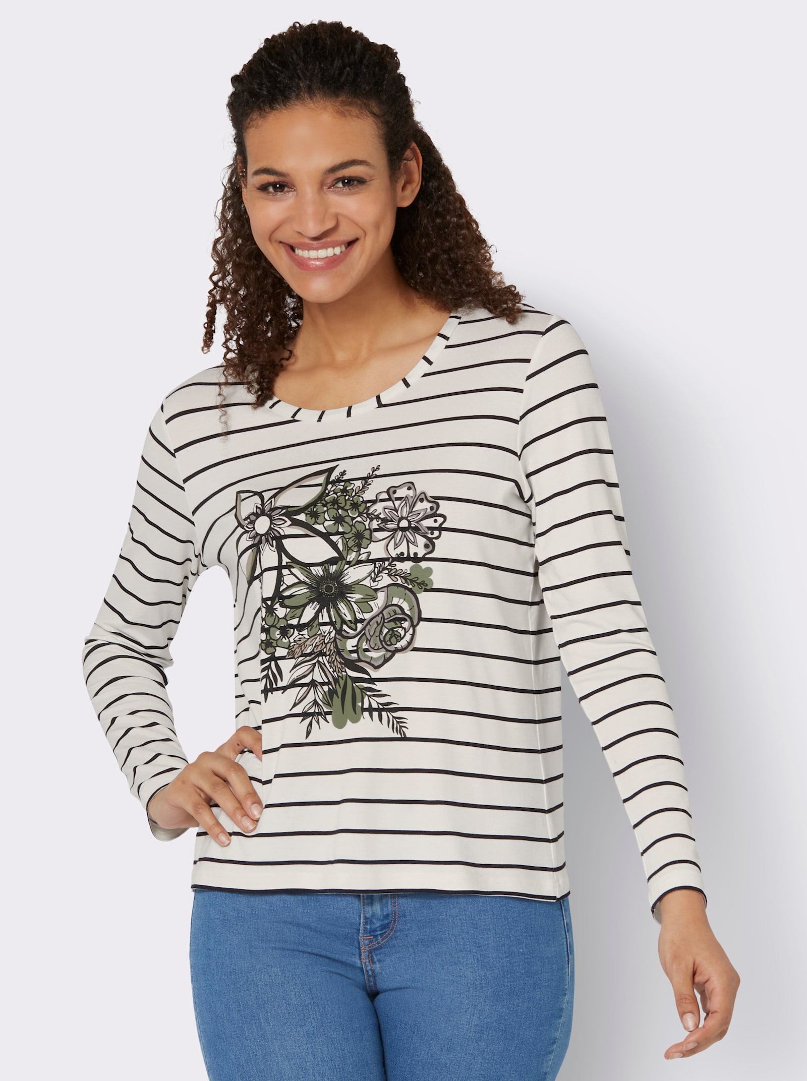 Langarmshirt mit floralem Dessin - ecru-schilf-bedruckt