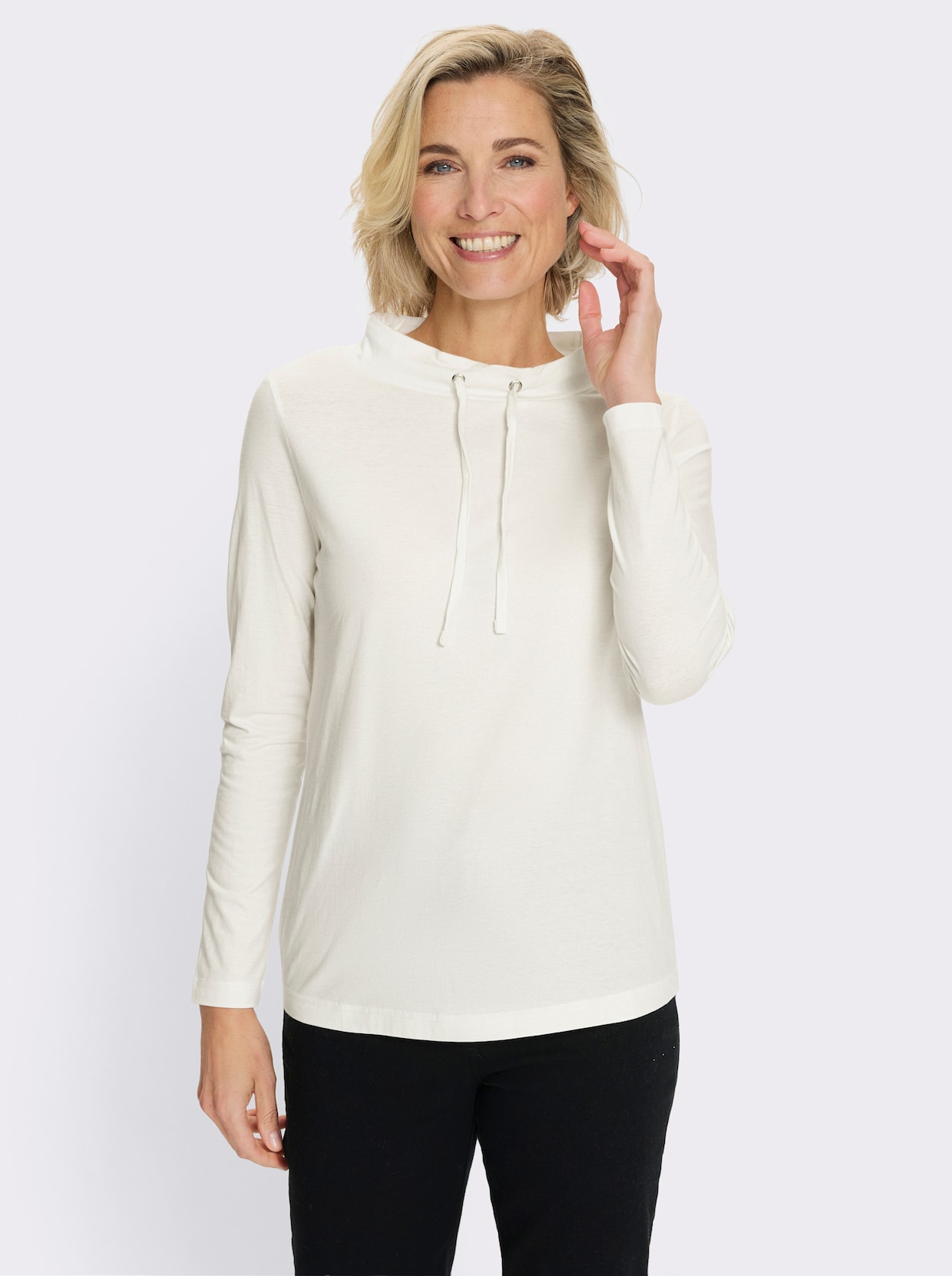 Langarmshirt mit Bindeband am Ausschnitt - ecru