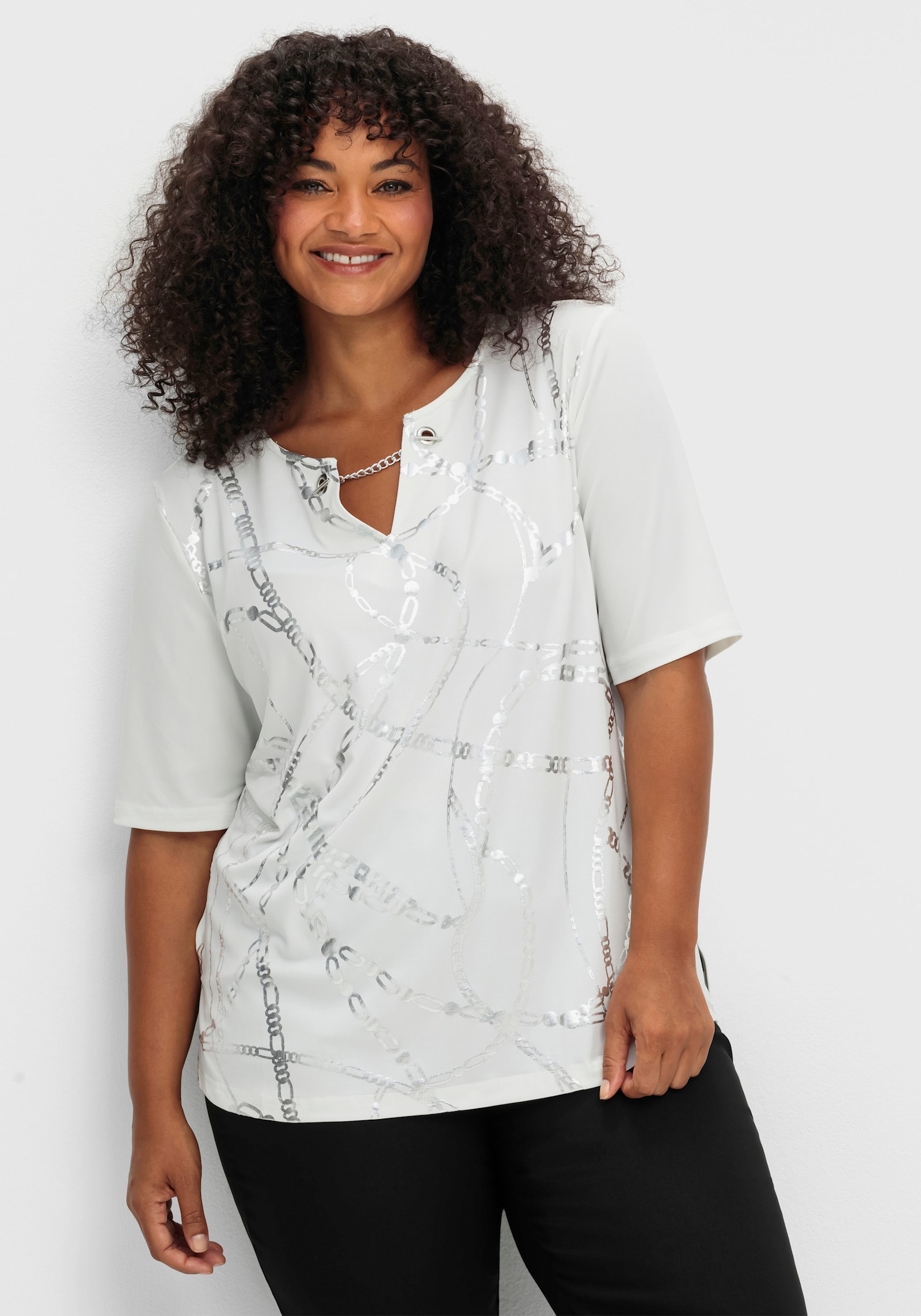 Print-Shirt mit Seitenschlitzen - ecru