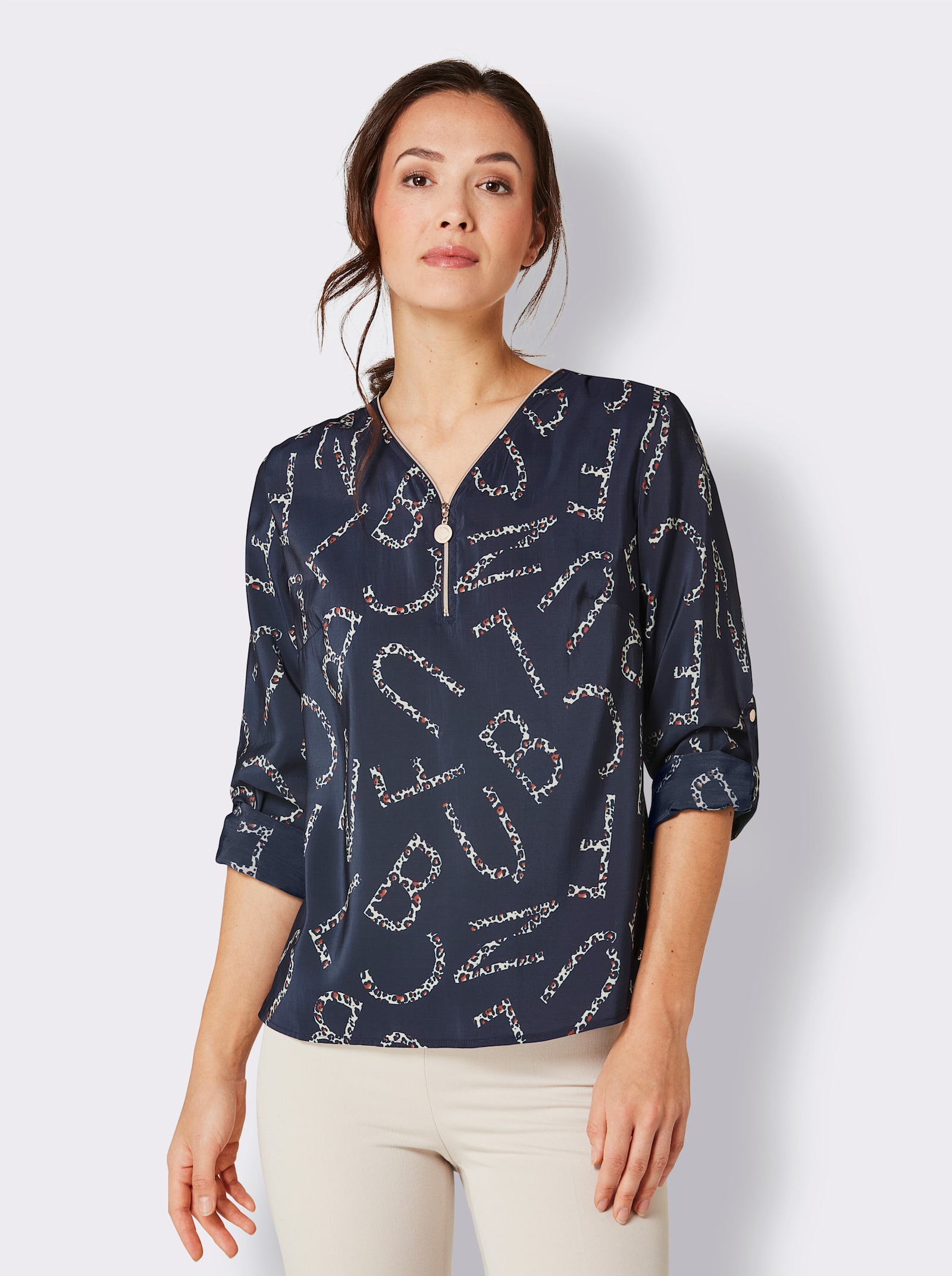 CREATION L PREMIUM Druckbluse mit Lettering- und Leo-Dessin - marine-sand-bedruckt