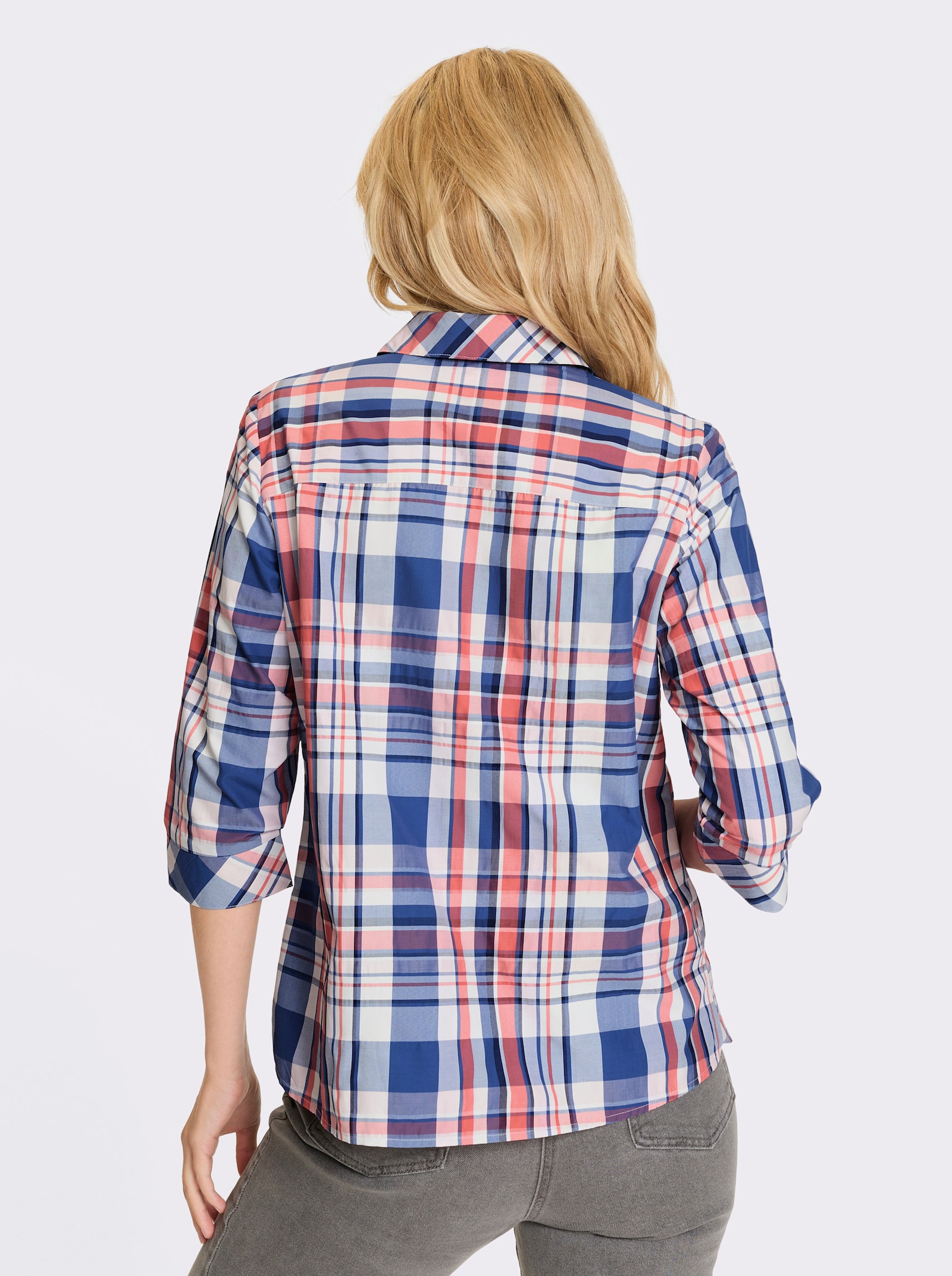 Károvaná blúzka, zap.na zips - džíns. modrá-koral. káro