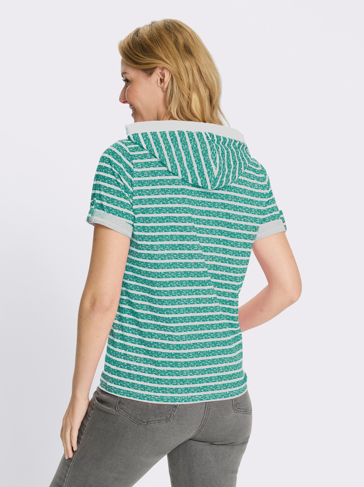 Kapuzenshirt mit kurzen Ärmeln - smaragd-ecru-bedruckt