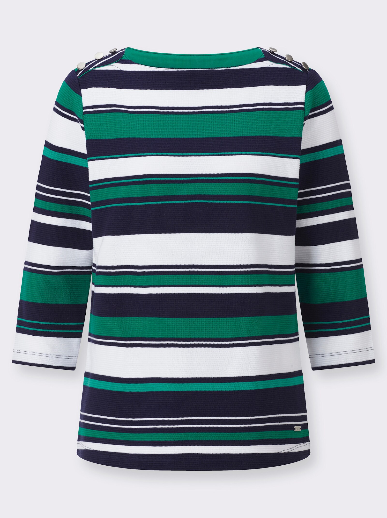 Ringelshirt mit Zierknöpfen an den Schultern - marine-grün-geringelt