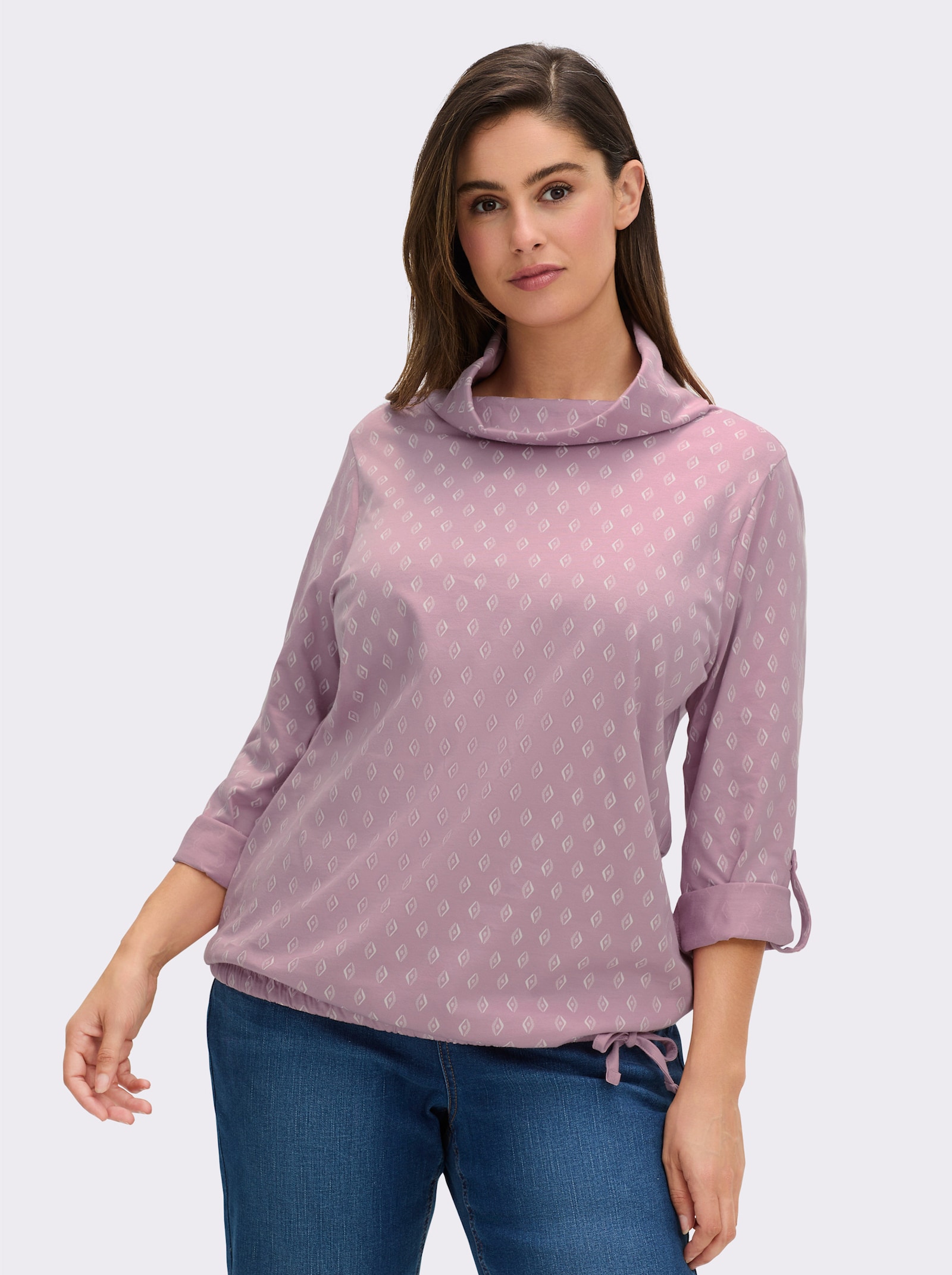 Rollkragenshirt Mit Krempel-Ärmel - mauve-ecru-bedruckt