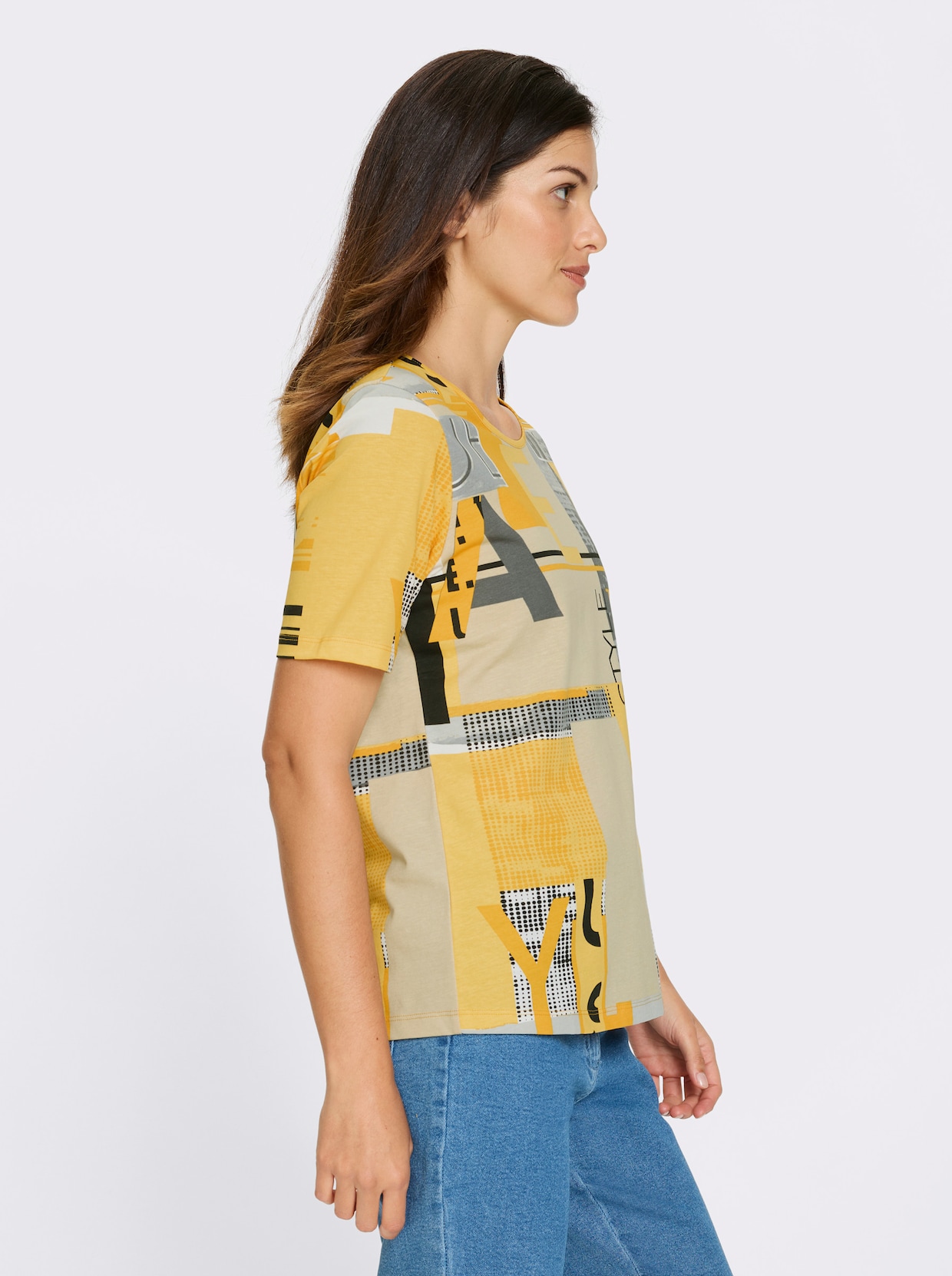 Kurzarmshirt - ocker-sand-bedruckt