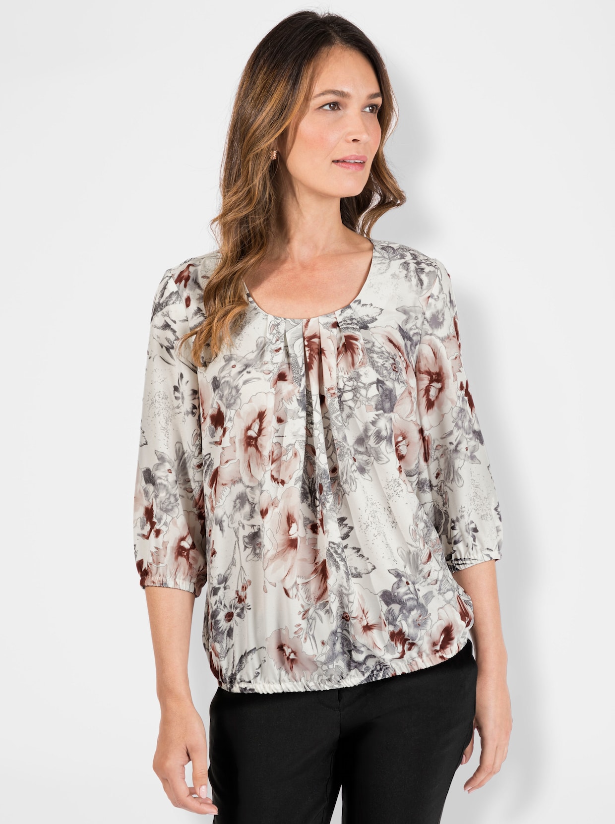 Comfortabele blouse - poudre/antraciet bedrukt