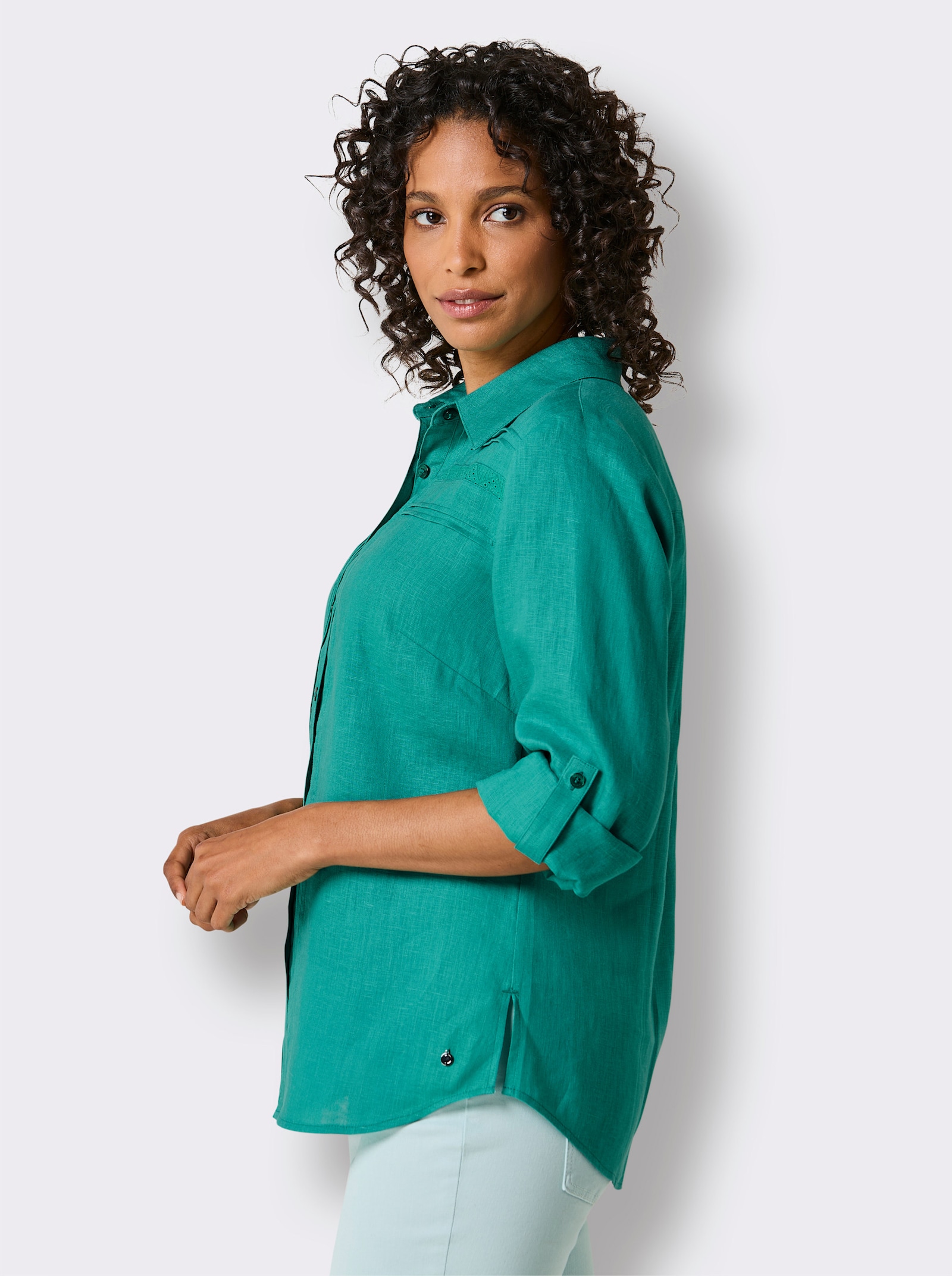 CREATION L PREMIUM Leinenbluse mit Spitze und Biesen - smaragd