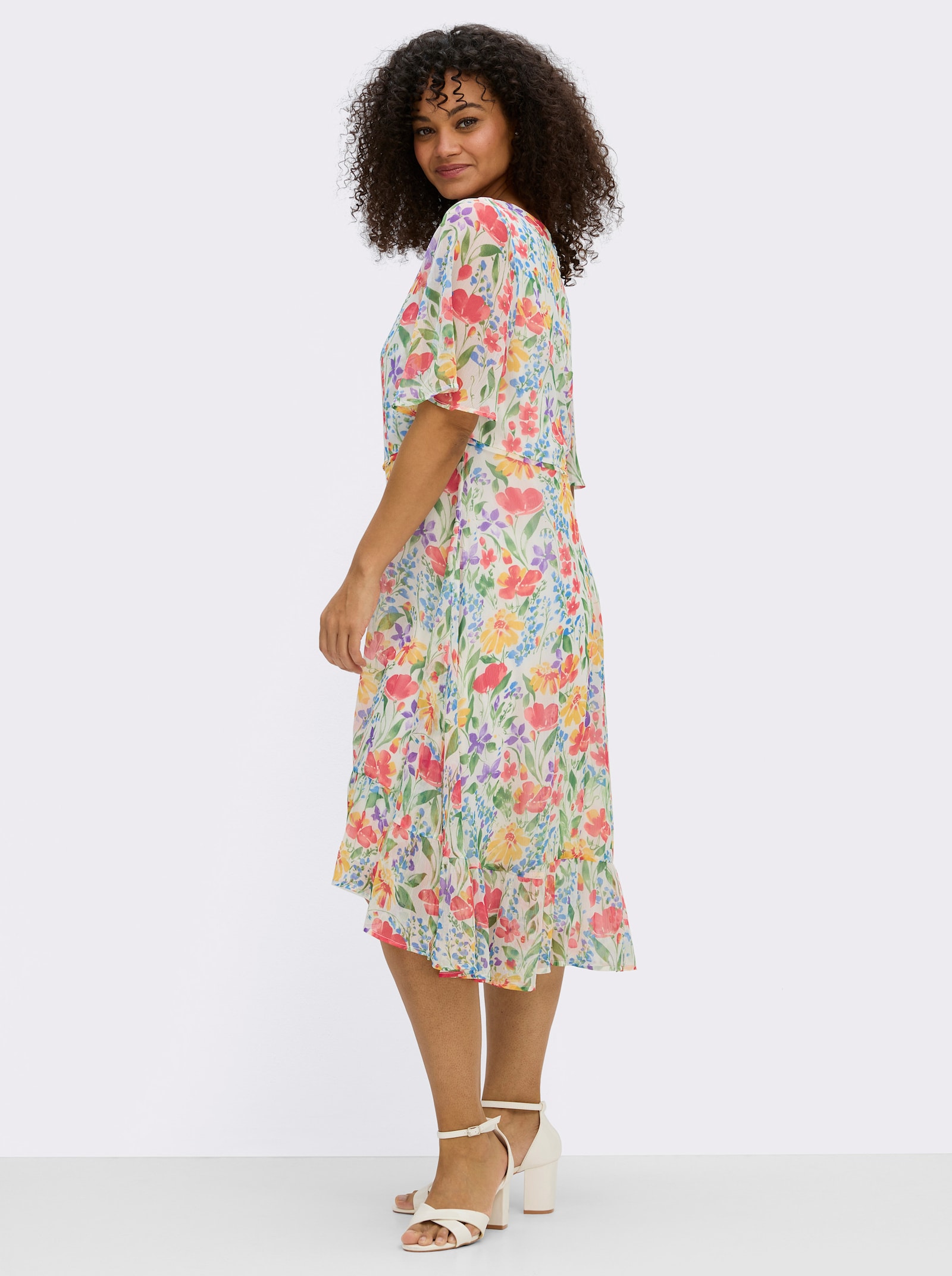 sheego Chiffonkleid mit Volant am Saum - ecru-lila-gemustert