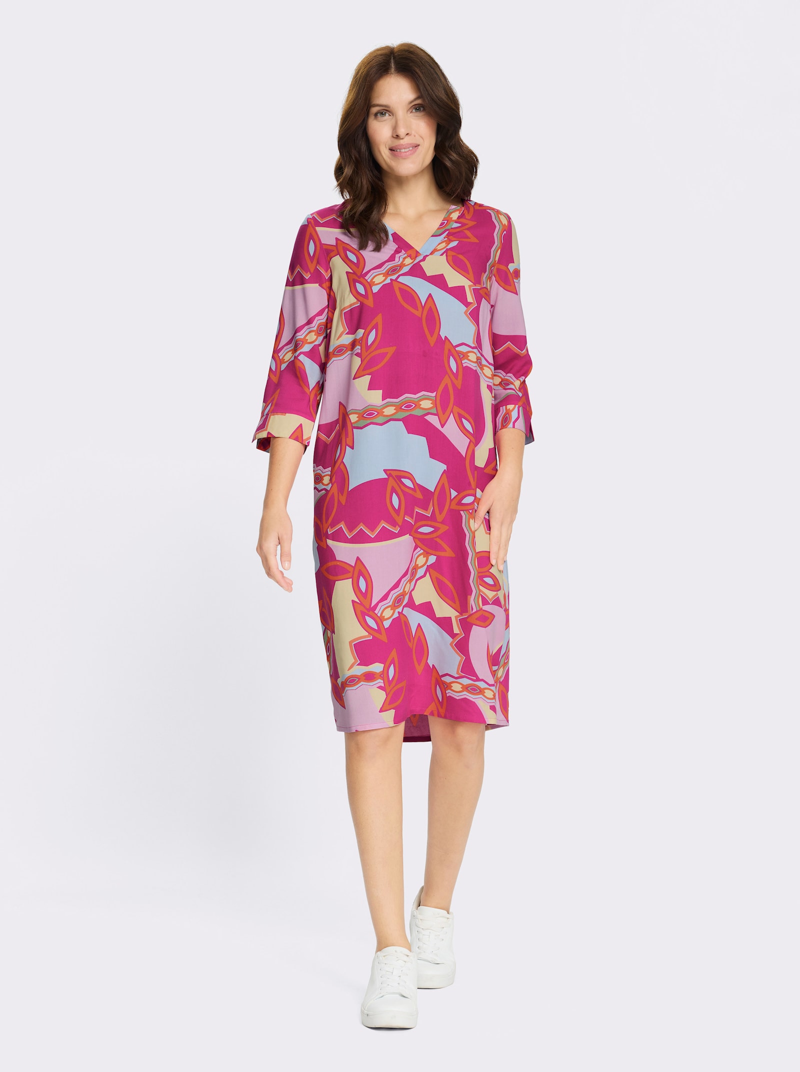 Druckkleid mit 3/4-Ärmel - fuchsia-zitrone-bedruckt