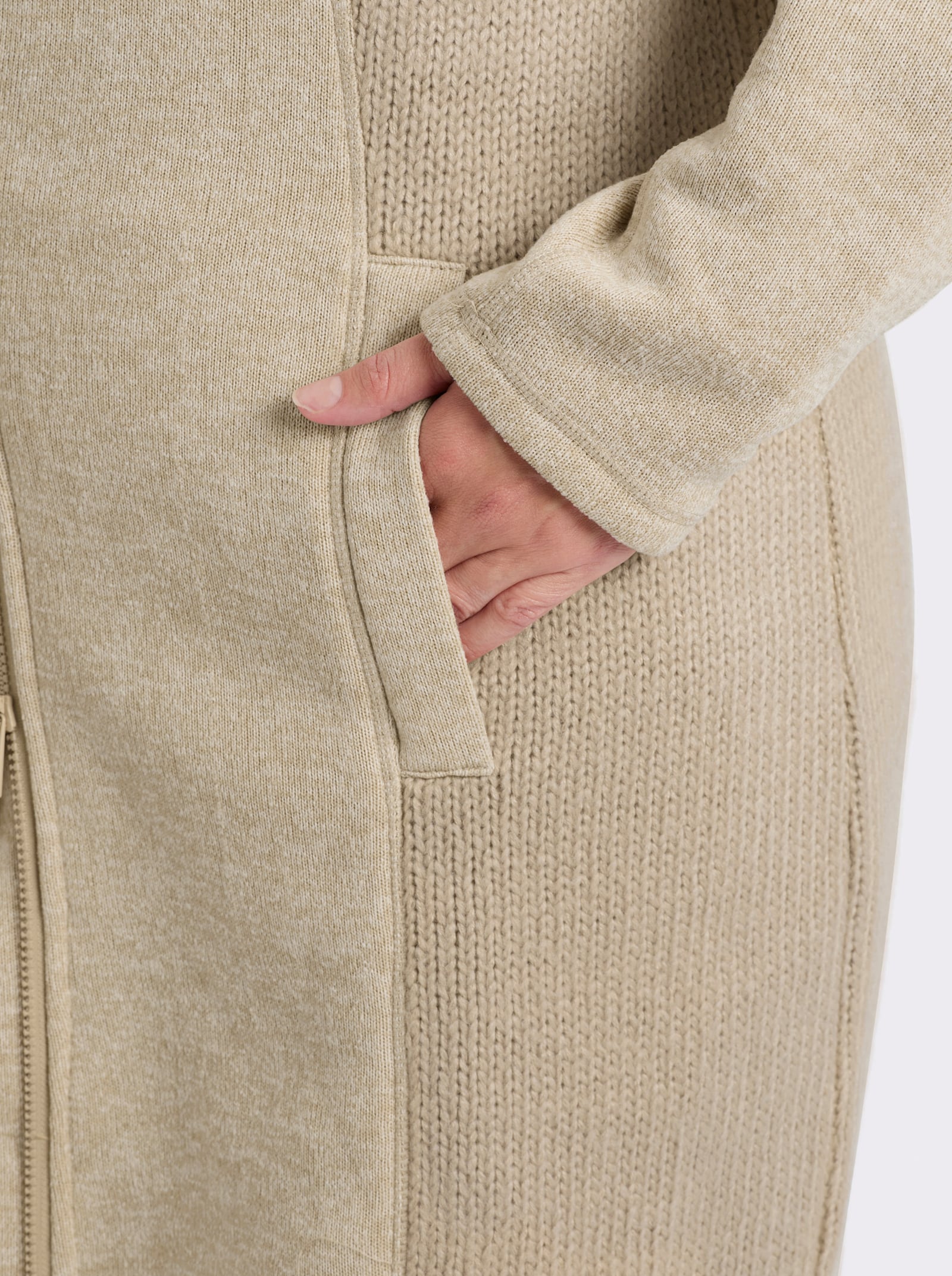 sheego Strickfleecejacke in Longform - beige-elfenbein-meliert