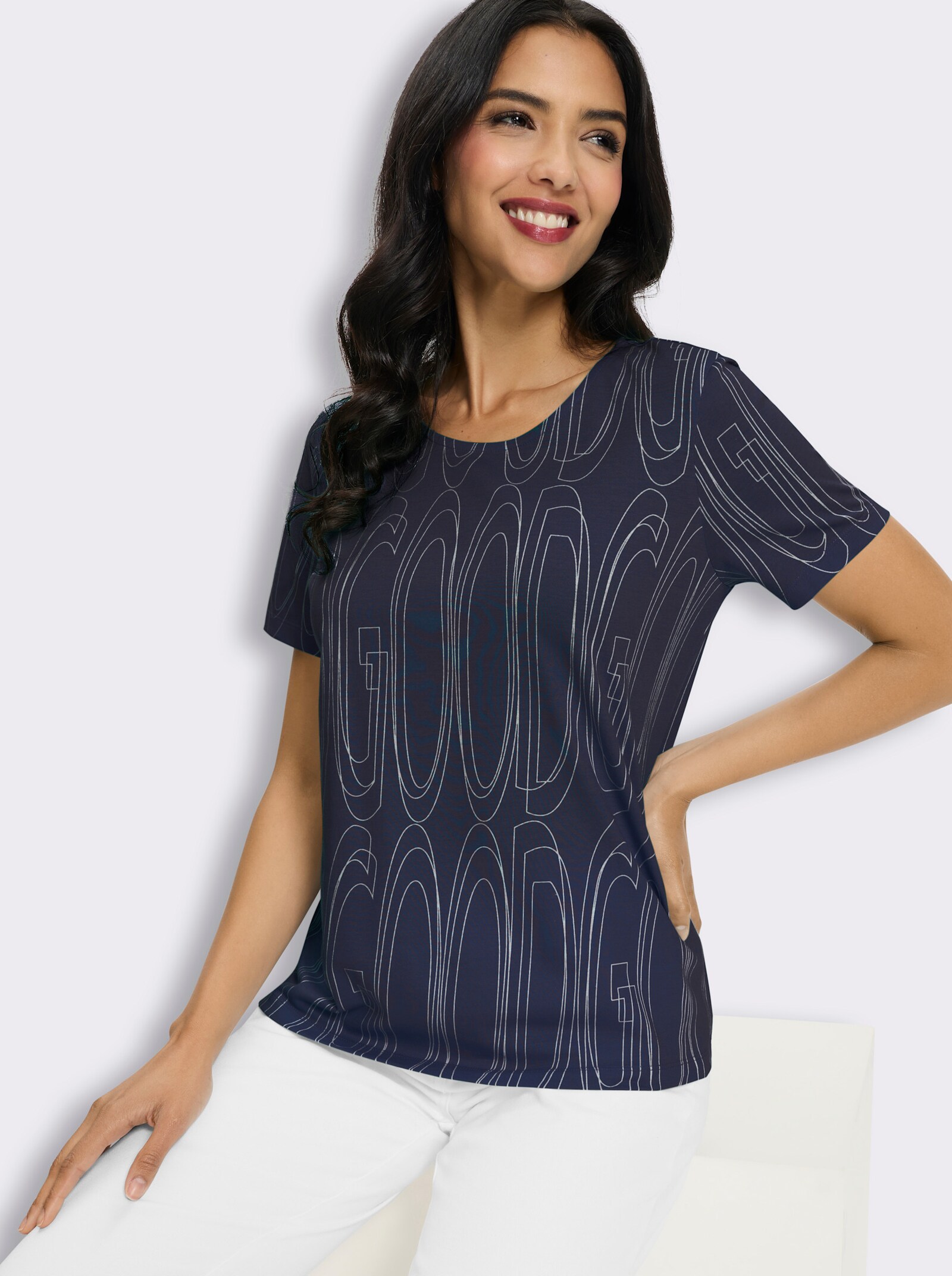 Kurzarmshirt mit Allover-Druck - marine-ecru-bedruckt