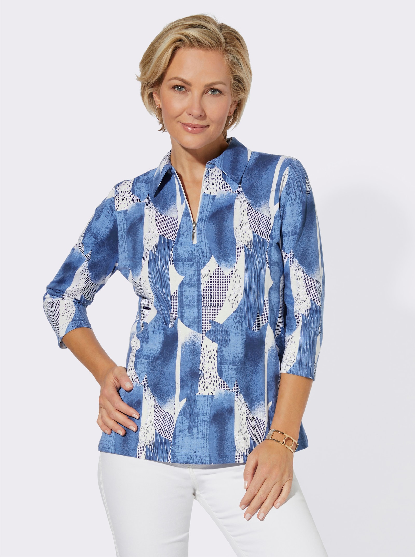 Poloshirt met korte ritssluiting - middenblauw/wit gedessineerd