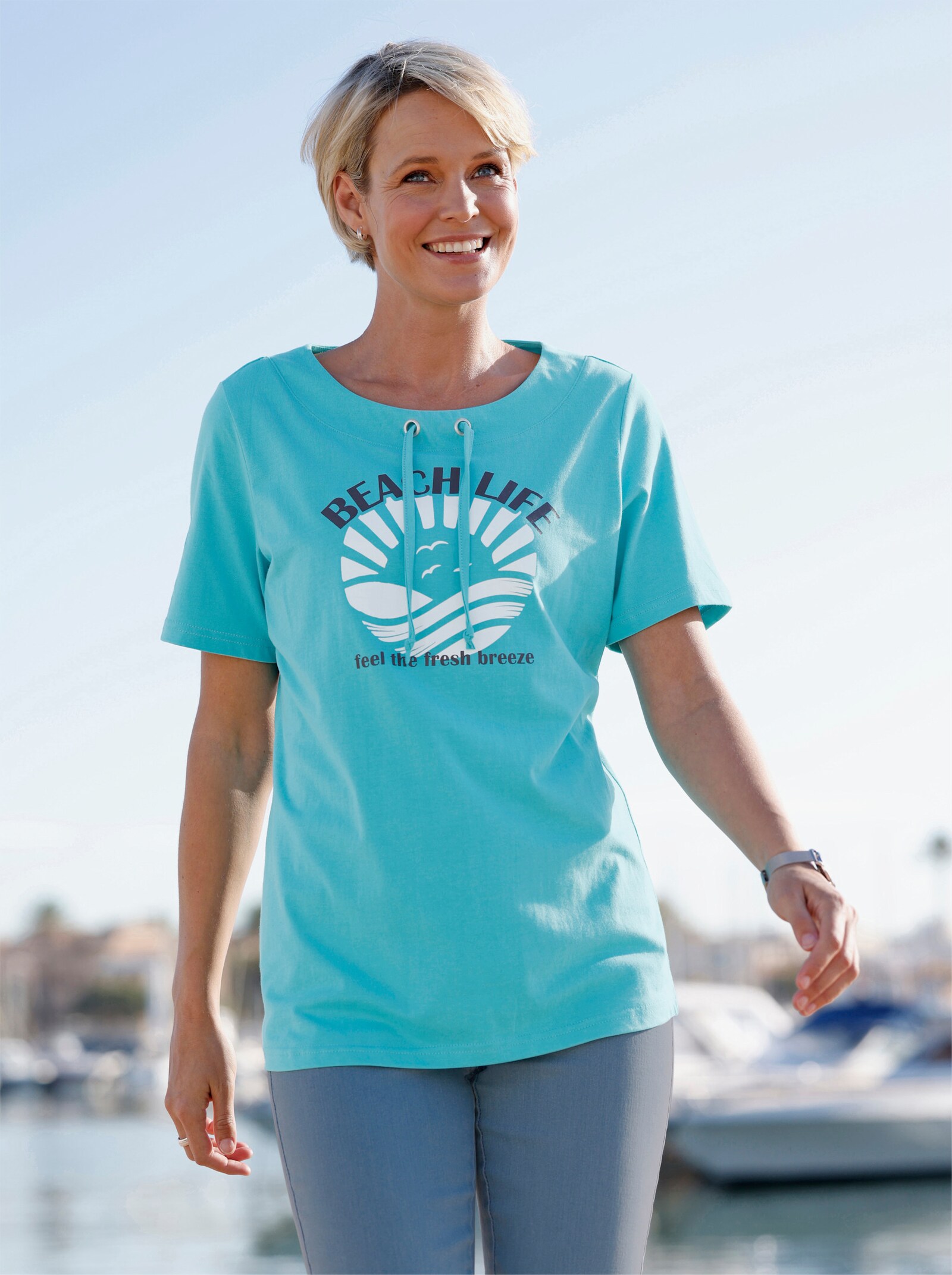 Shirt met korte mouwen en bindstrikje bij de hals - turquoise/ecru