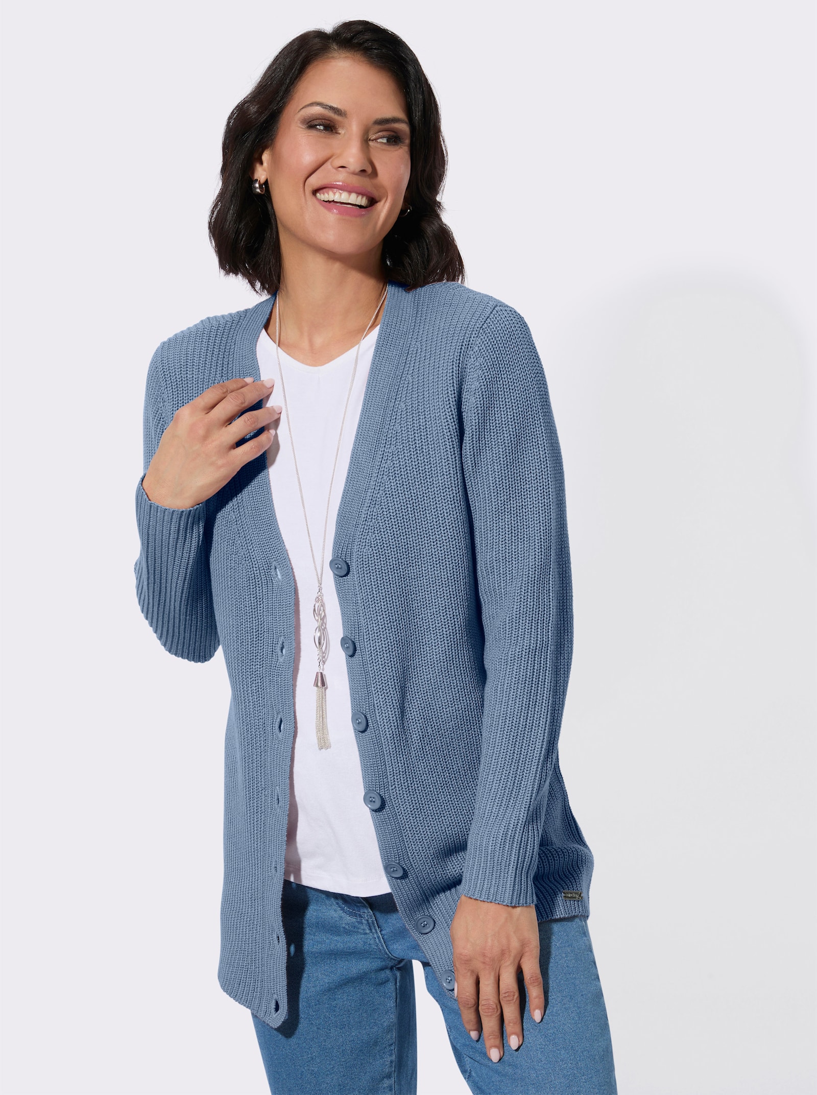 Longstrickjacke mit feiner Rippstruktur - bleu