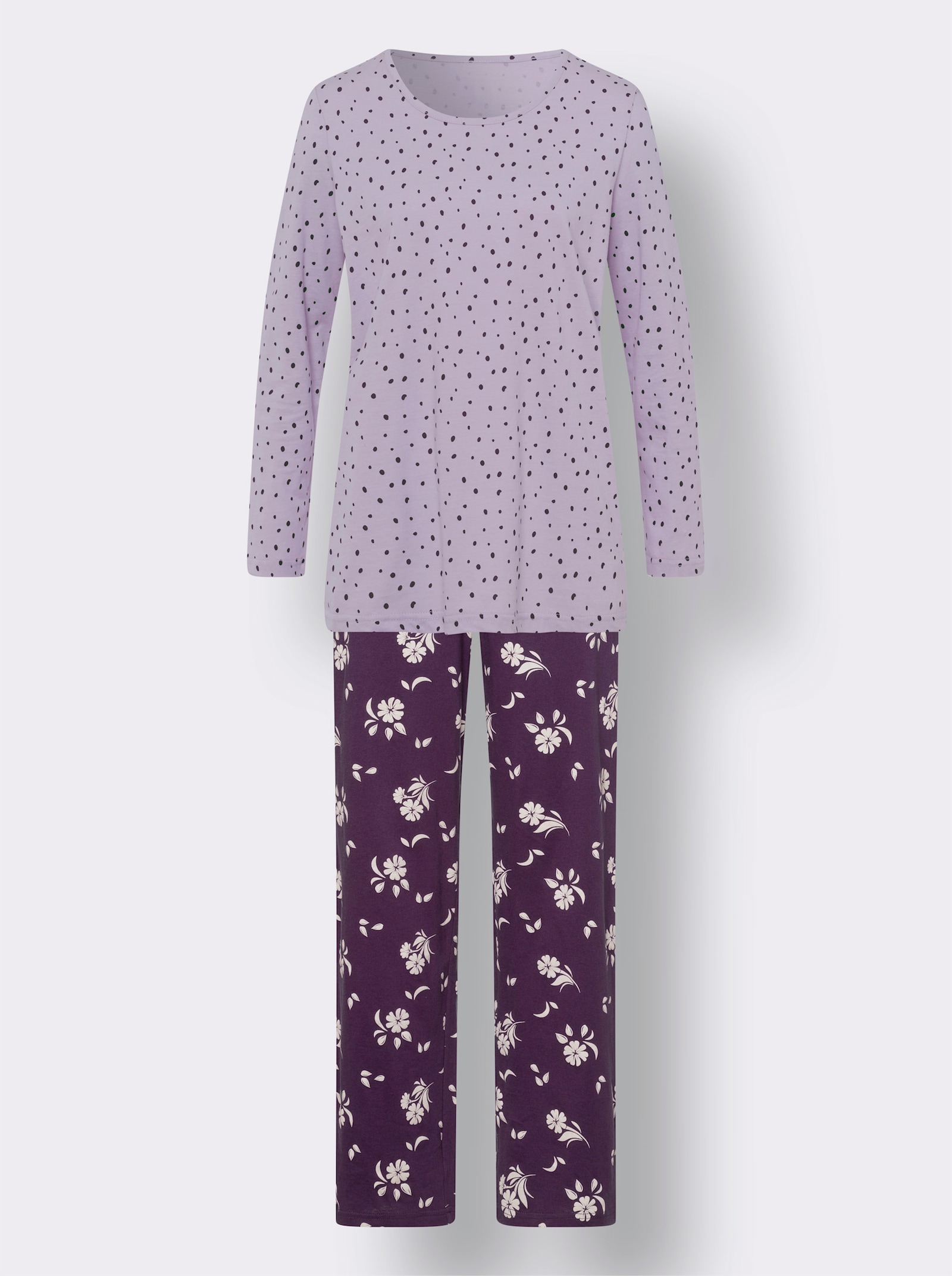 Schlafanzug mit Pünktchen- und Blumen-Muster - flieder-traube-bedruckt
