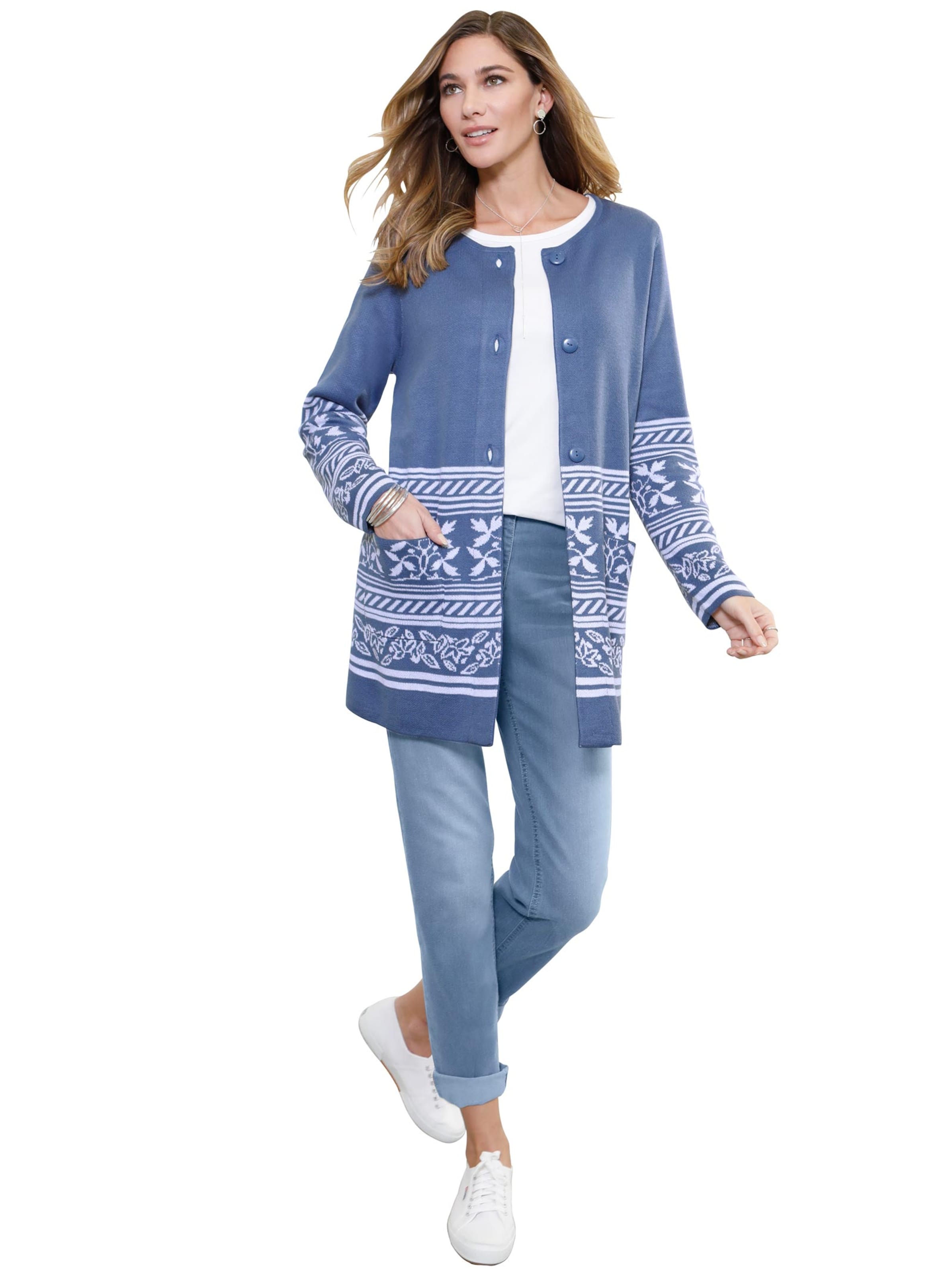 Long-Strickjacke - jeansblau-gemustert