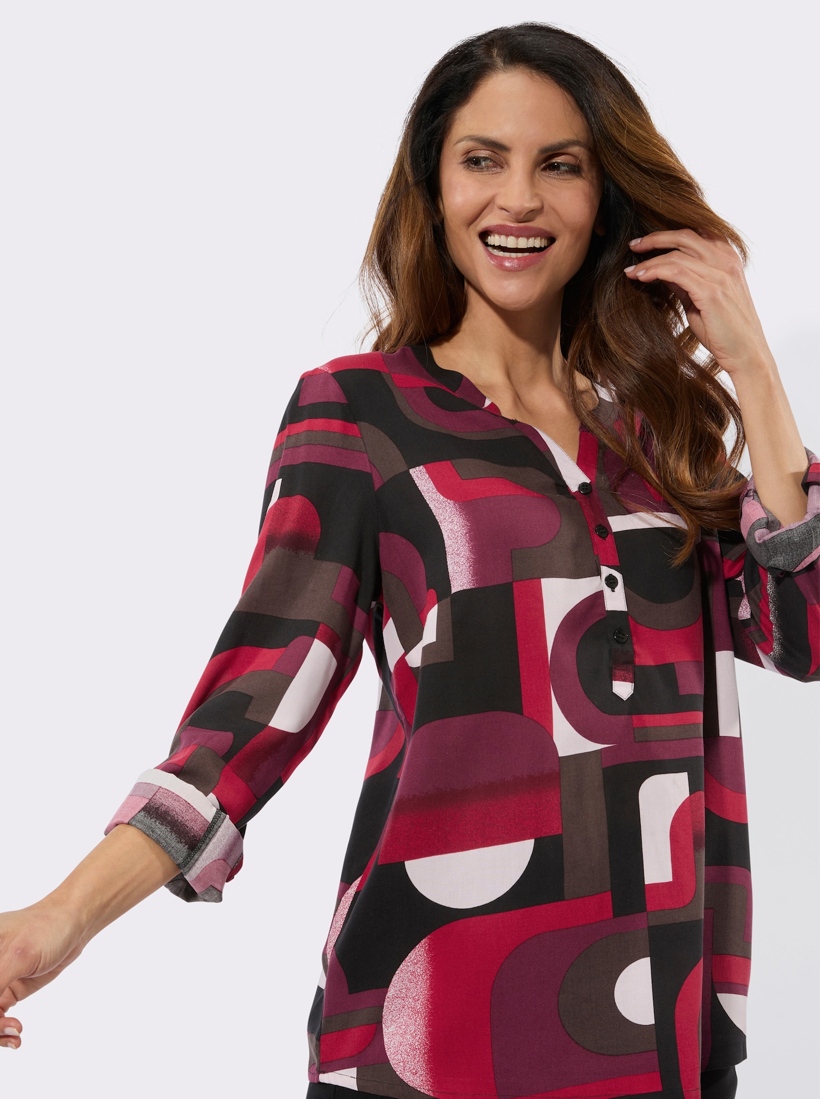 Schlupf-Bluse in grafischem Dessin - bordeaux-schoko-bedruckt