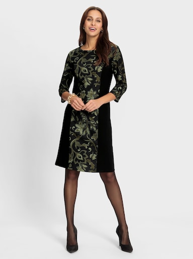 Jerseykleid im floralen Dessin - schwarz-oliv-bedruckt