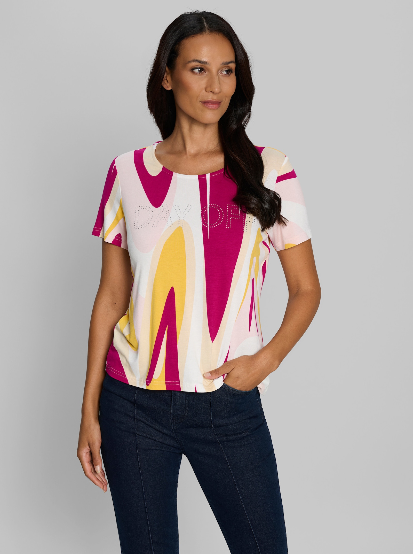 heine Kurzarmshirt mit Grafikprint - pink-sonnengelb-gemustert
