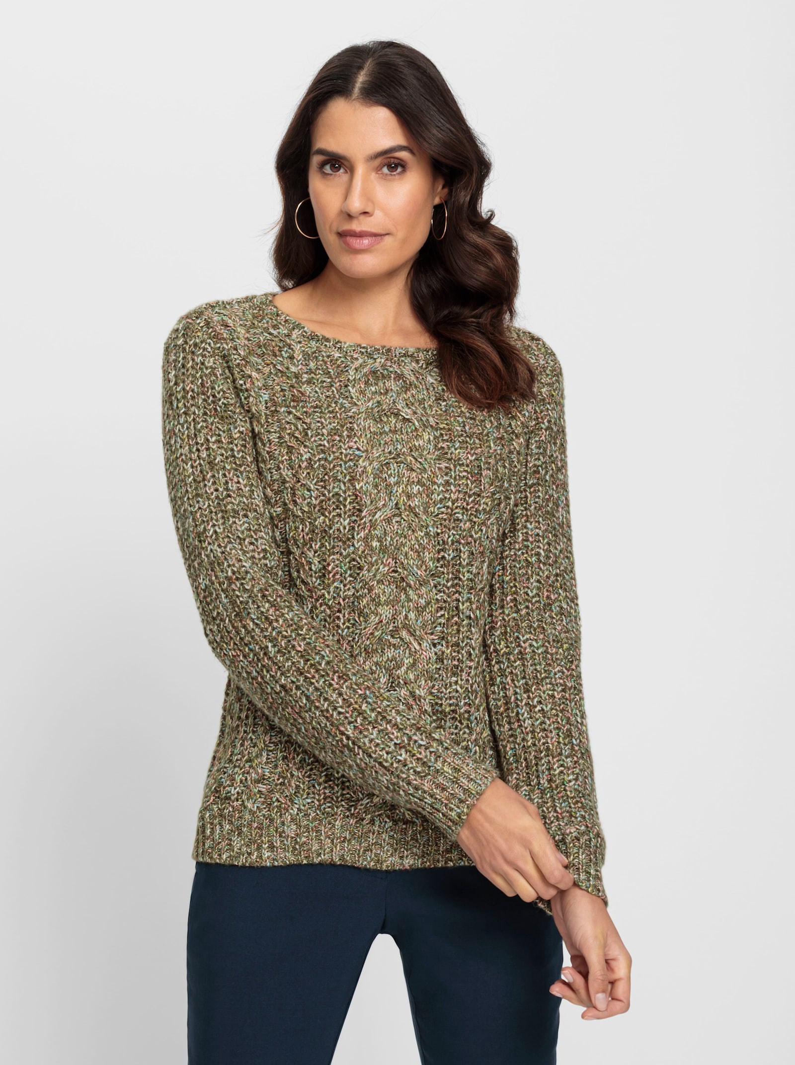 Langarm-Pullover mit Zopfmuster vorne - schilf-meliert