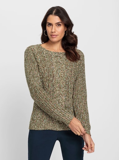 Langarm-Pullover mit Zopfmuster vorne - schilf-meliert