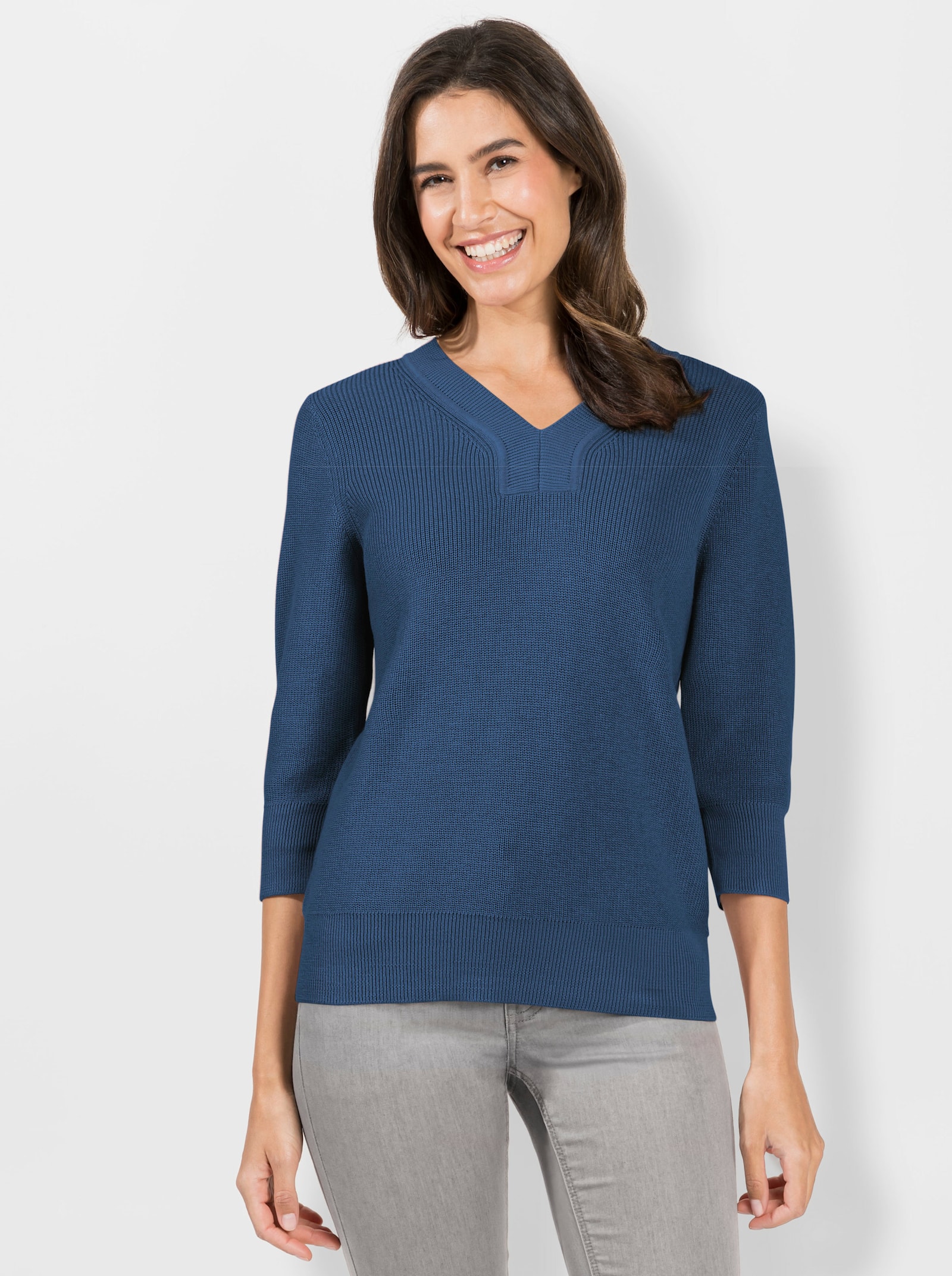 Gebreide pullover met 3/4-mouwen - jeansblauw