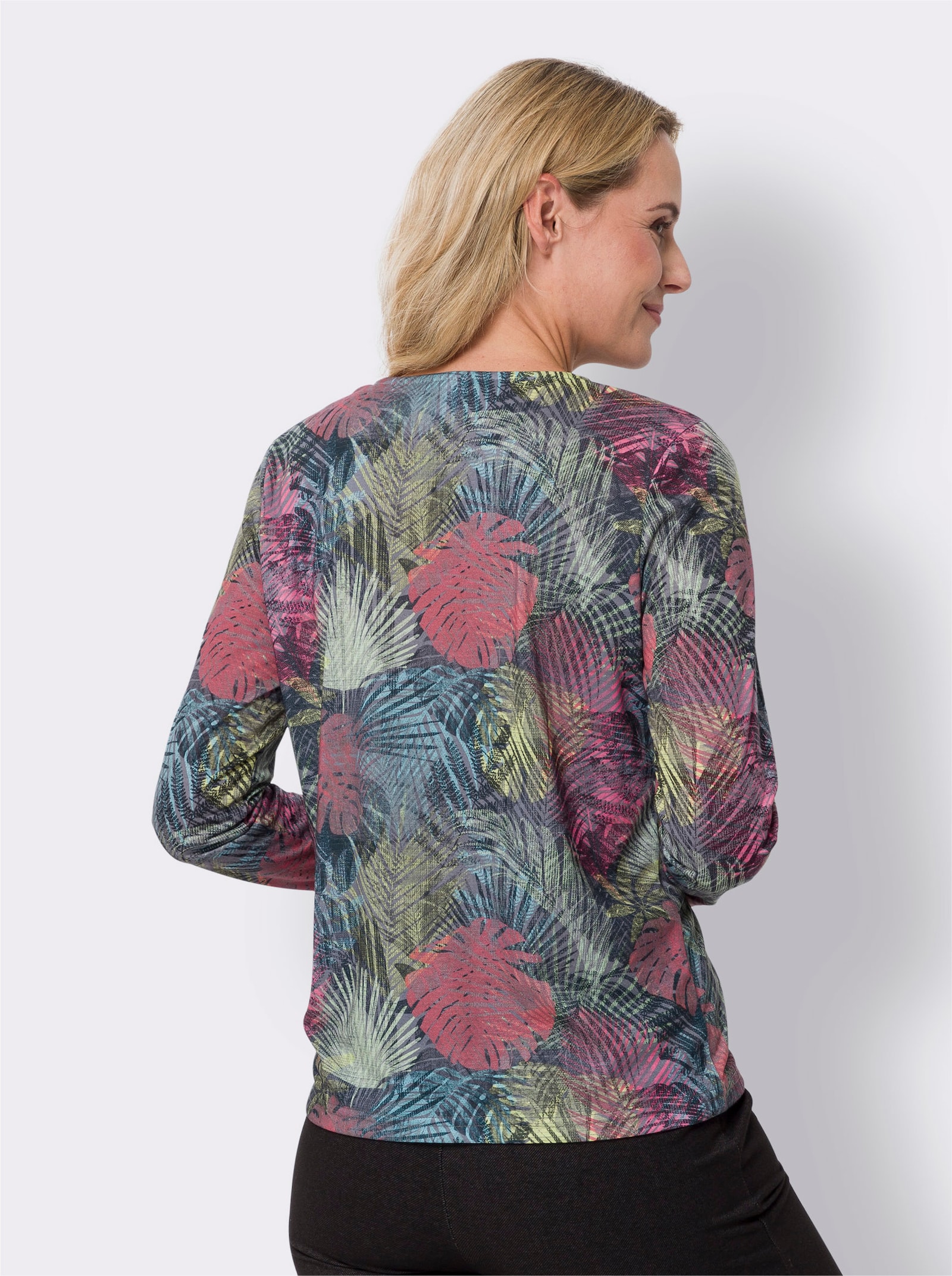 Langarmshirt mit Blätter-Dessin - grau-pink-bedruckt