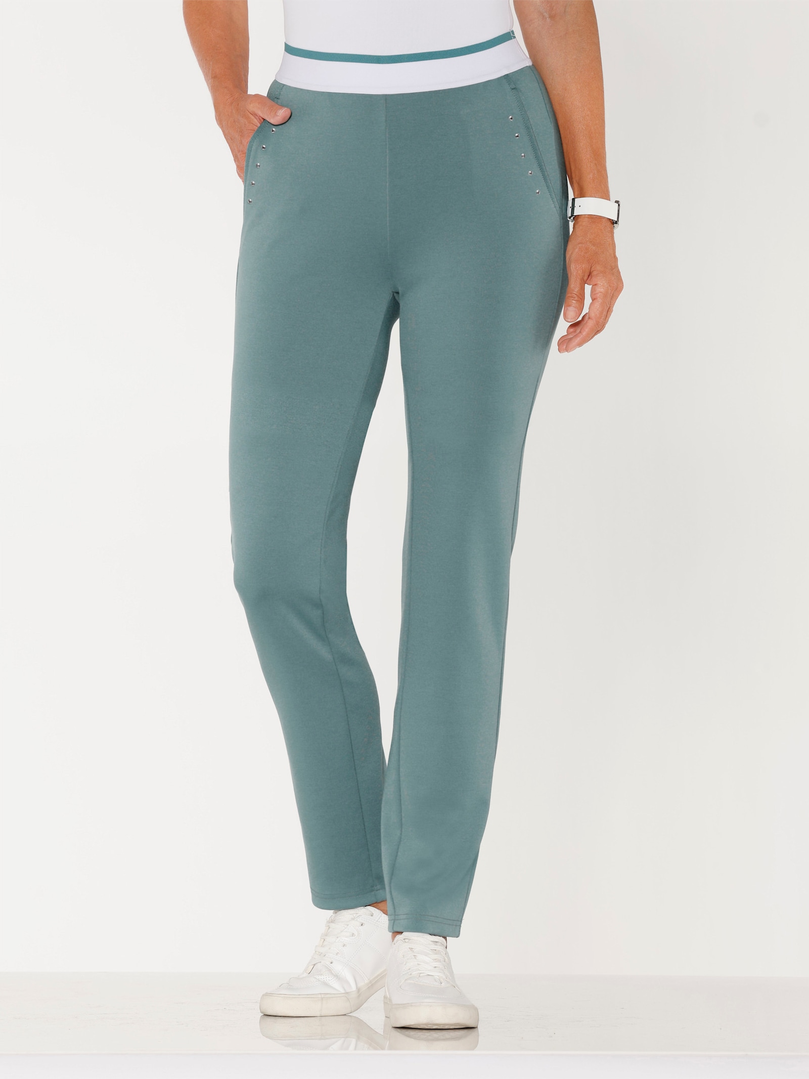 Sweatbroek met gestreepte comfortband rondom - jade