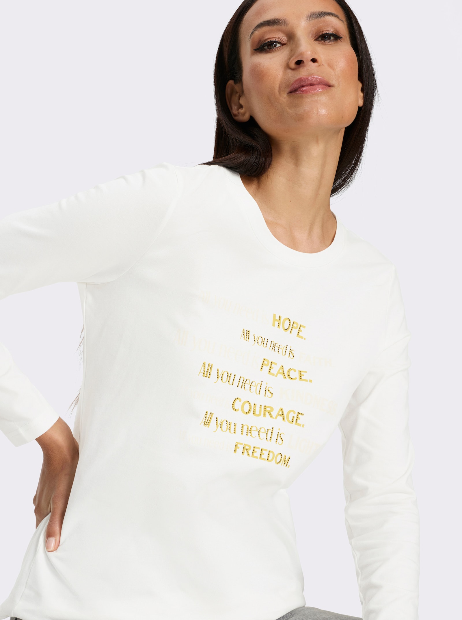 heine Langarmshirt Mit Ziersteinchen - ecru-zitrone-gemustert