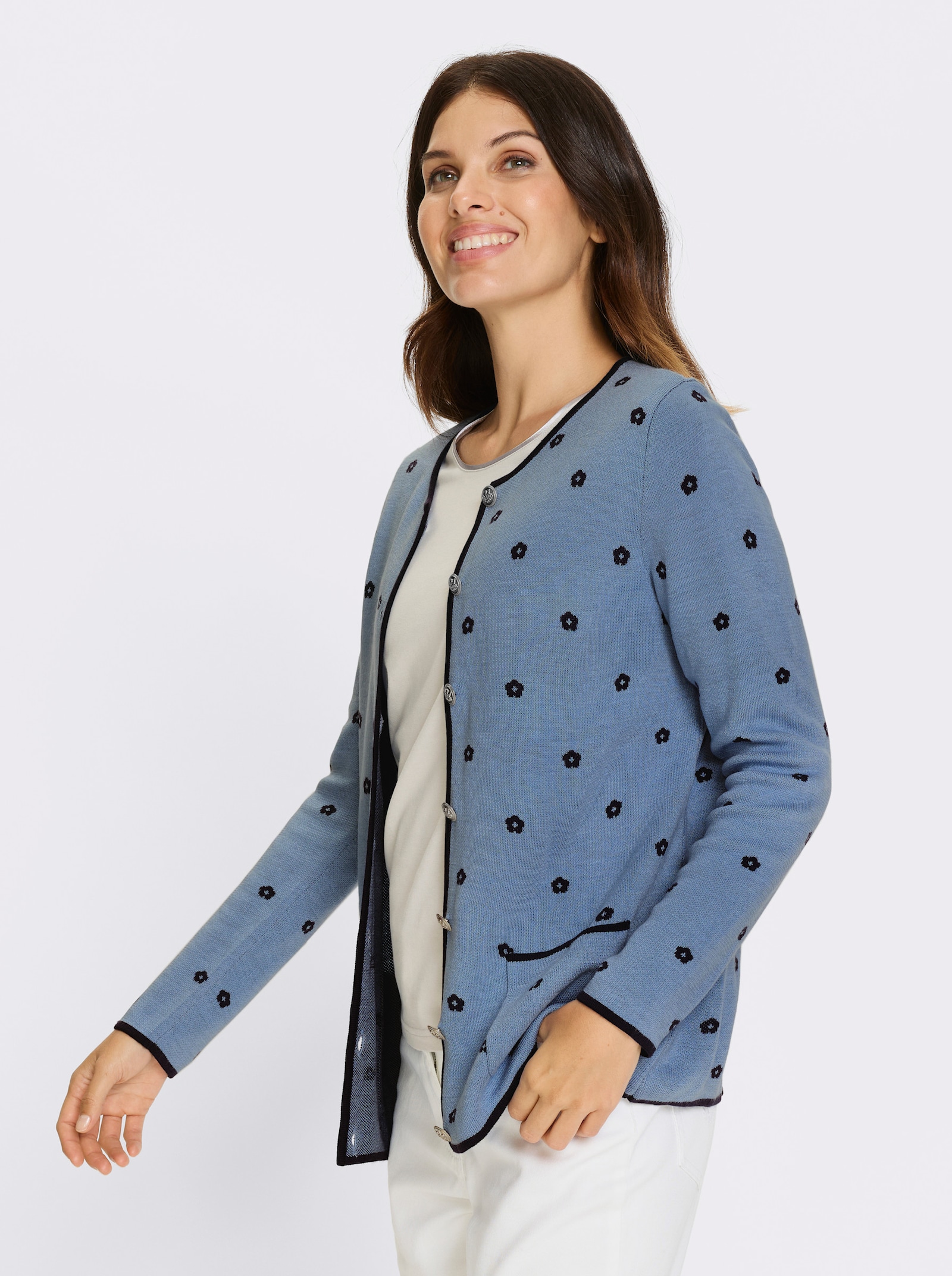 Žakárový pletený kabátek v krojovém stylu - nebesky modrá-námořnická modrá