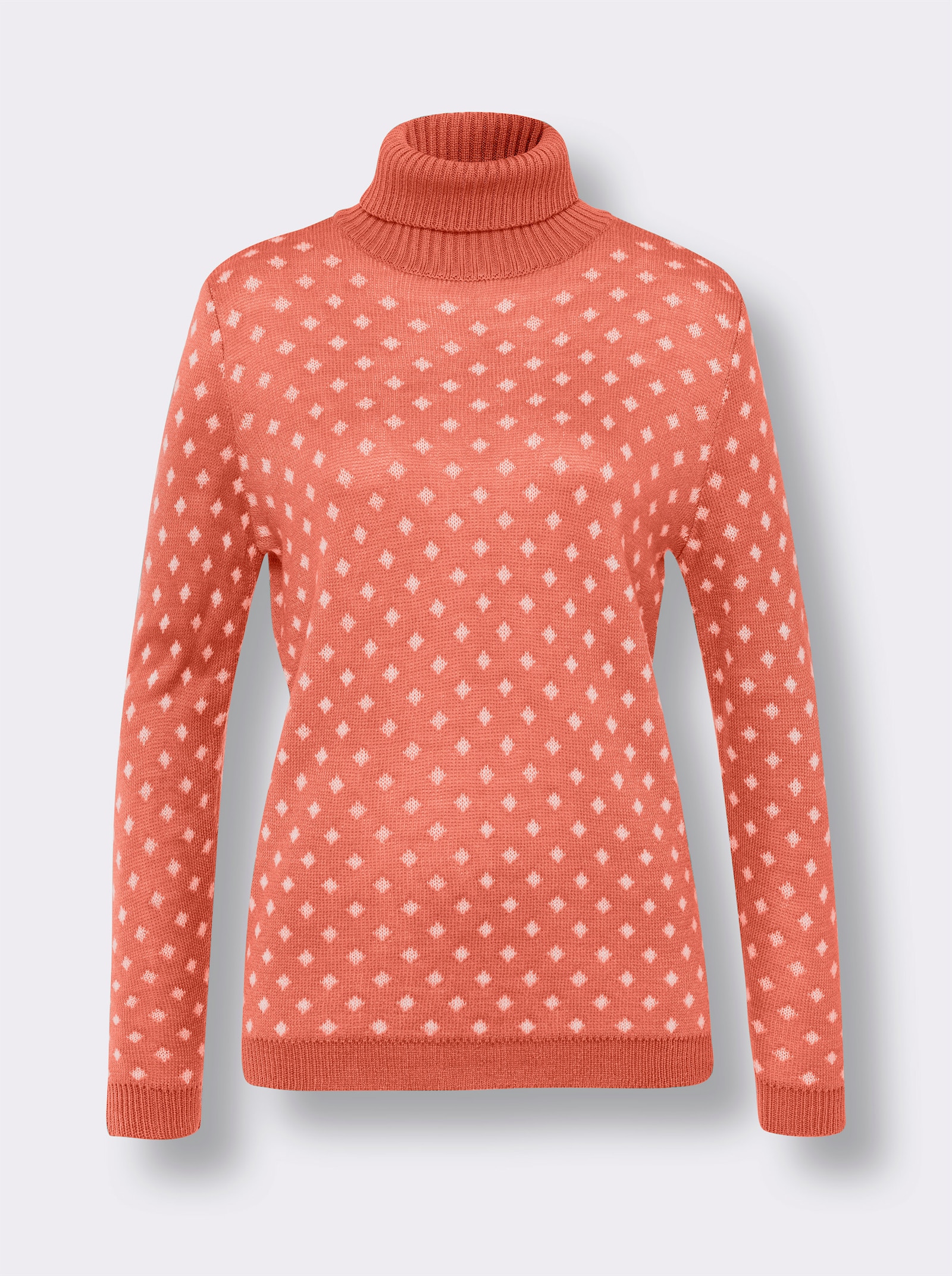 Pullover met rolkraag van jacquardtricot - grapefruit/wit gedessineerd