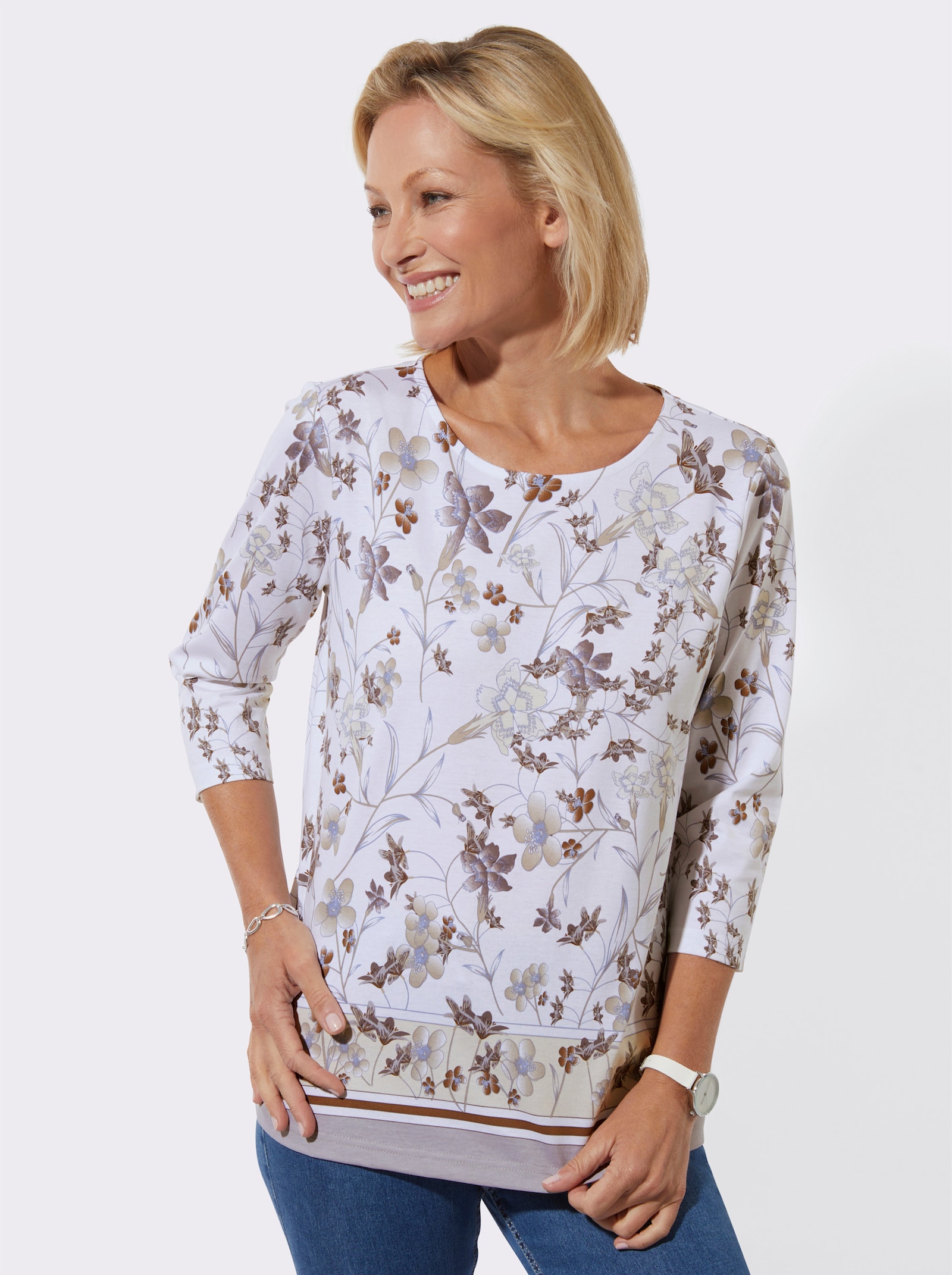 Shirt met ronde hals van katoen - sesam/steengrijs bedrukt