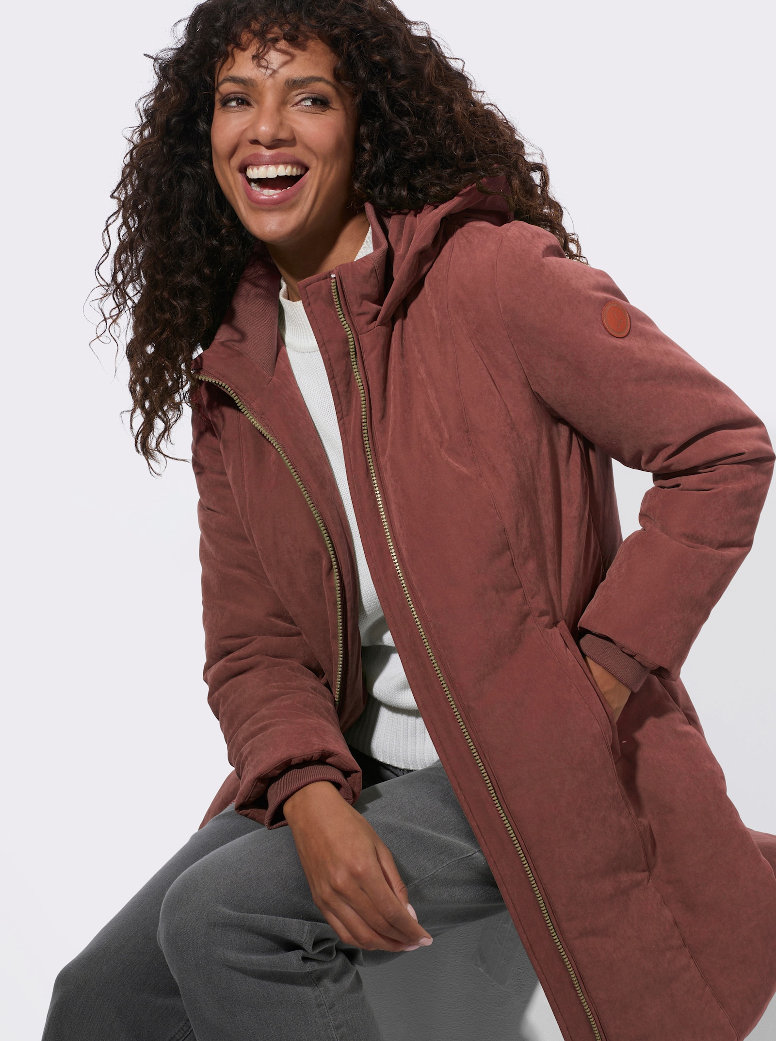 Kapuzenjacke mit Reißverschluss-Taschen - rotbraun