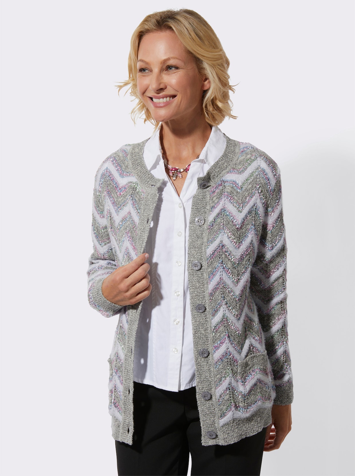 Strickjacke - grau-weiß-gemustert