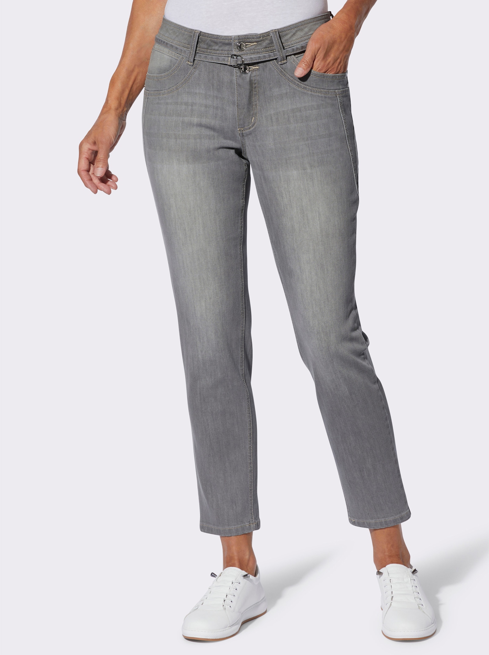 Jeans mit schmalem Gürtel - grey denim