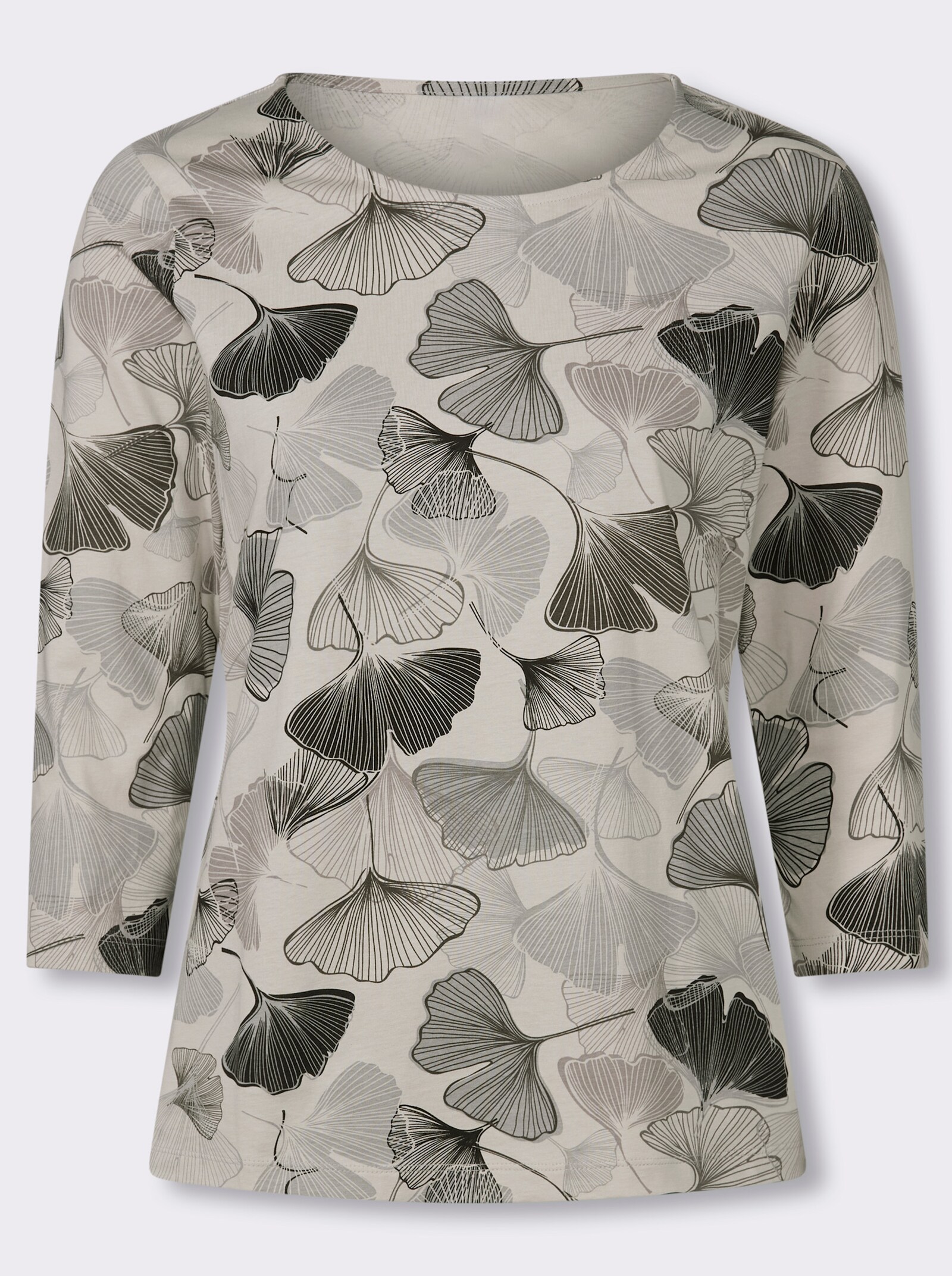 3/4-Arm-Shirt mit Ginkgo-Muster - hellgrau-schwarz-bedruckt