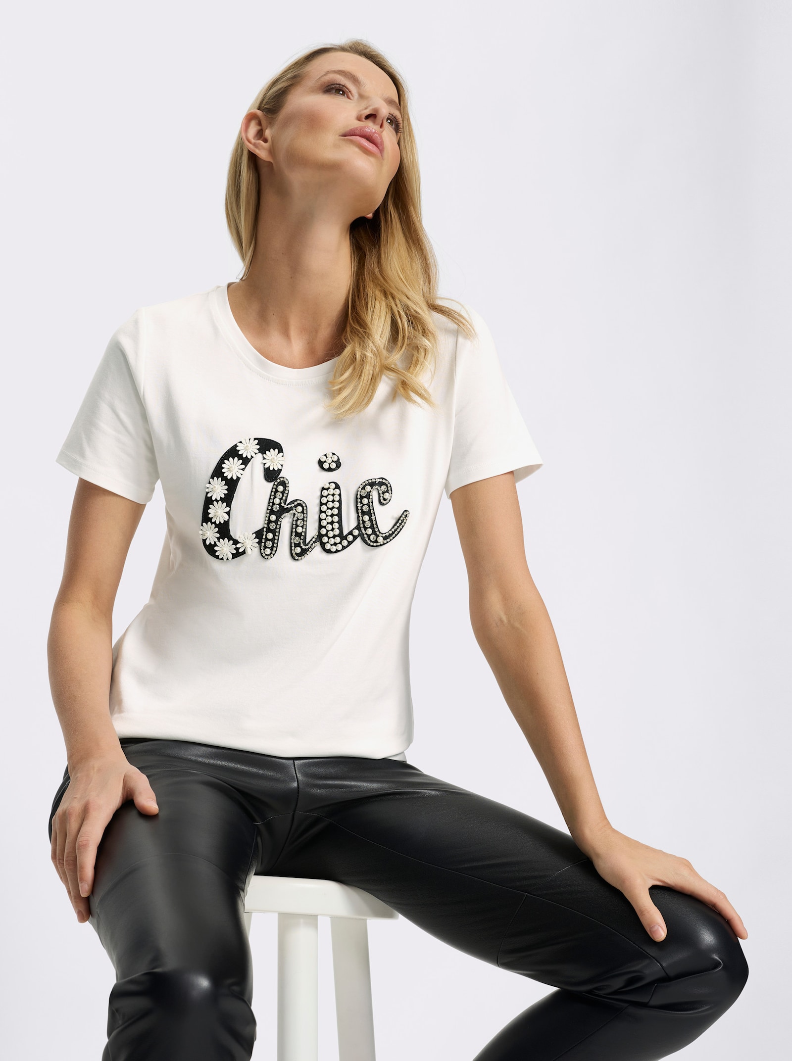 heine Kurzarmshirt mit Schriftzug im Vorderteil - ecru