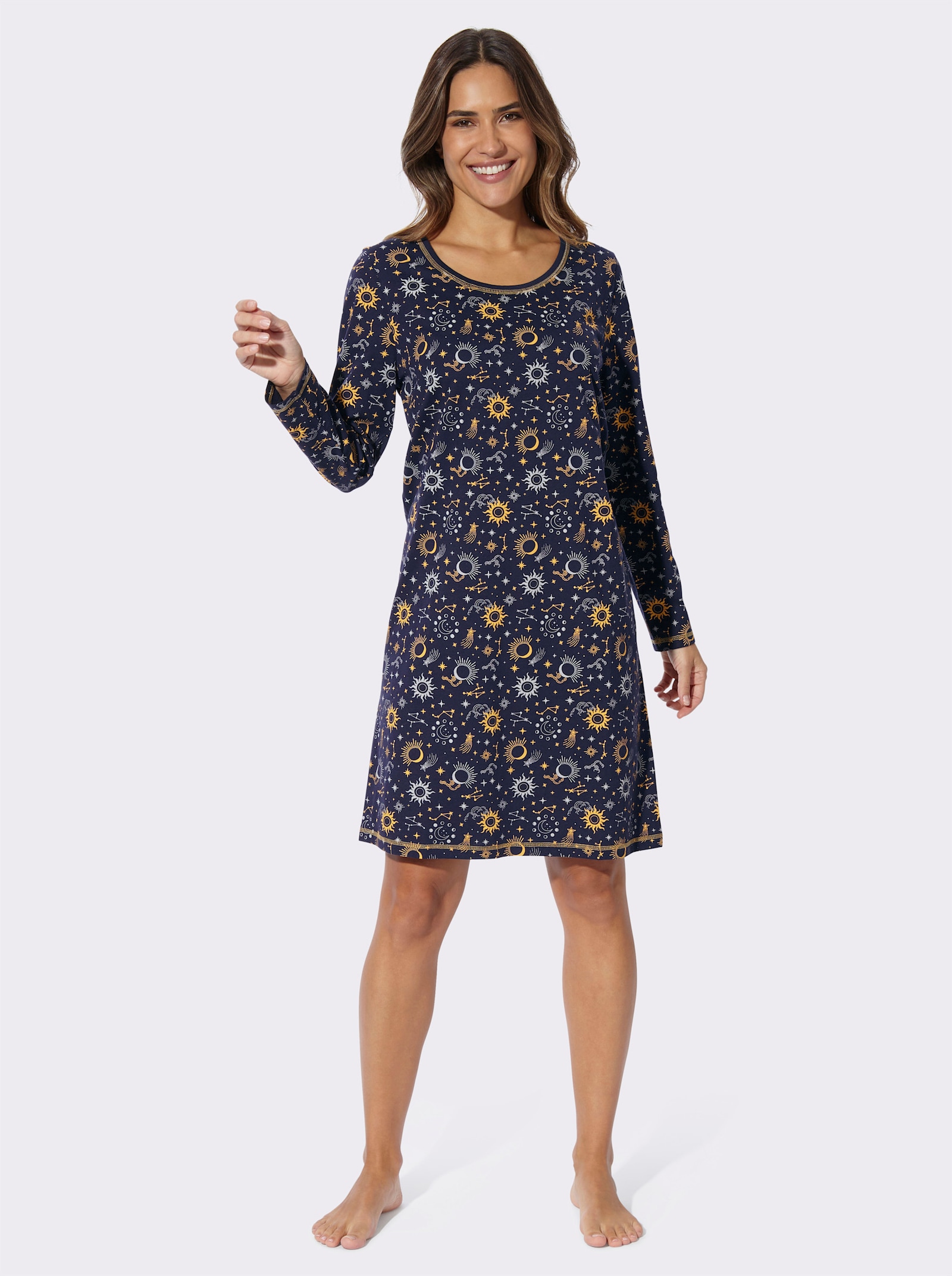 Nachthemd in Single-Jersey-Qualität - marine-ocker-bedruckt