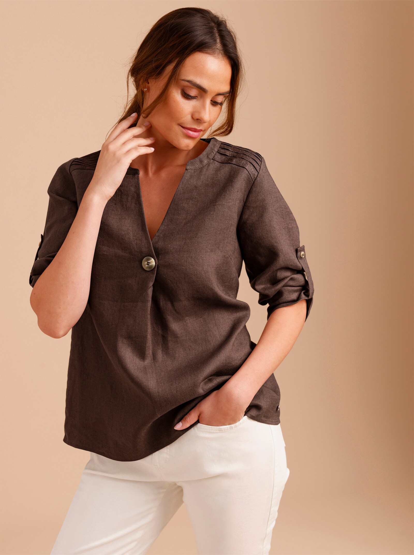 CREATION L PREMIUM Longbluse mit Falte - schoko-meliert