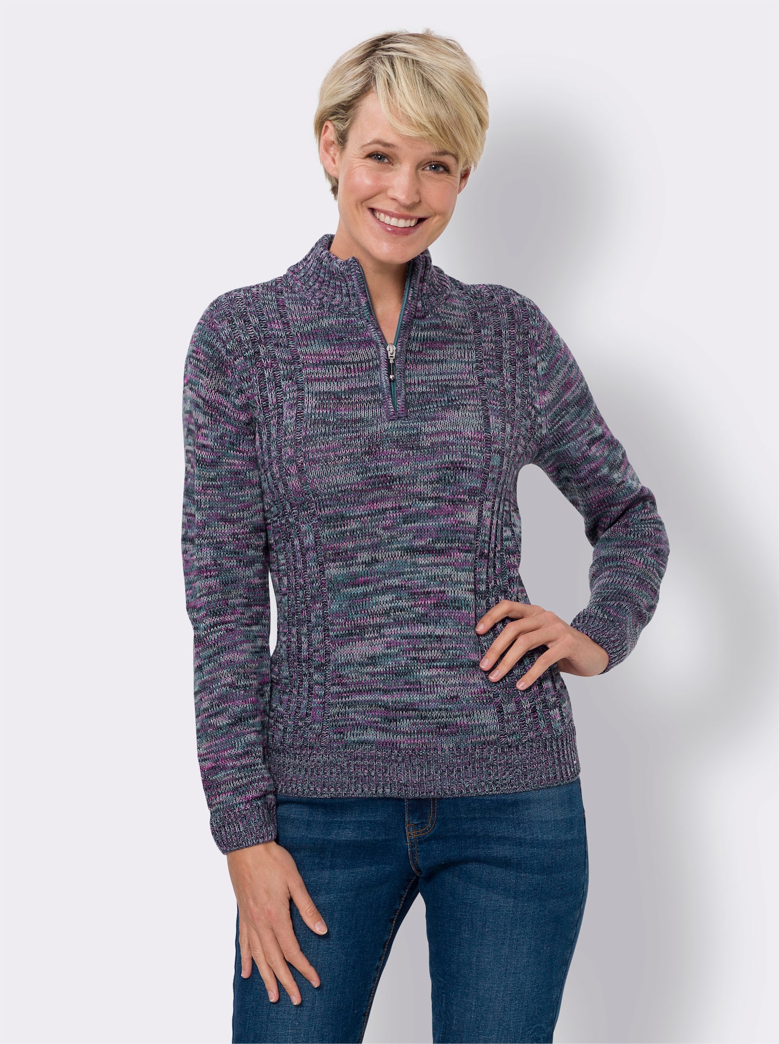 Langarm-Pullover aus Melange-Strick - mittelblau-meliert