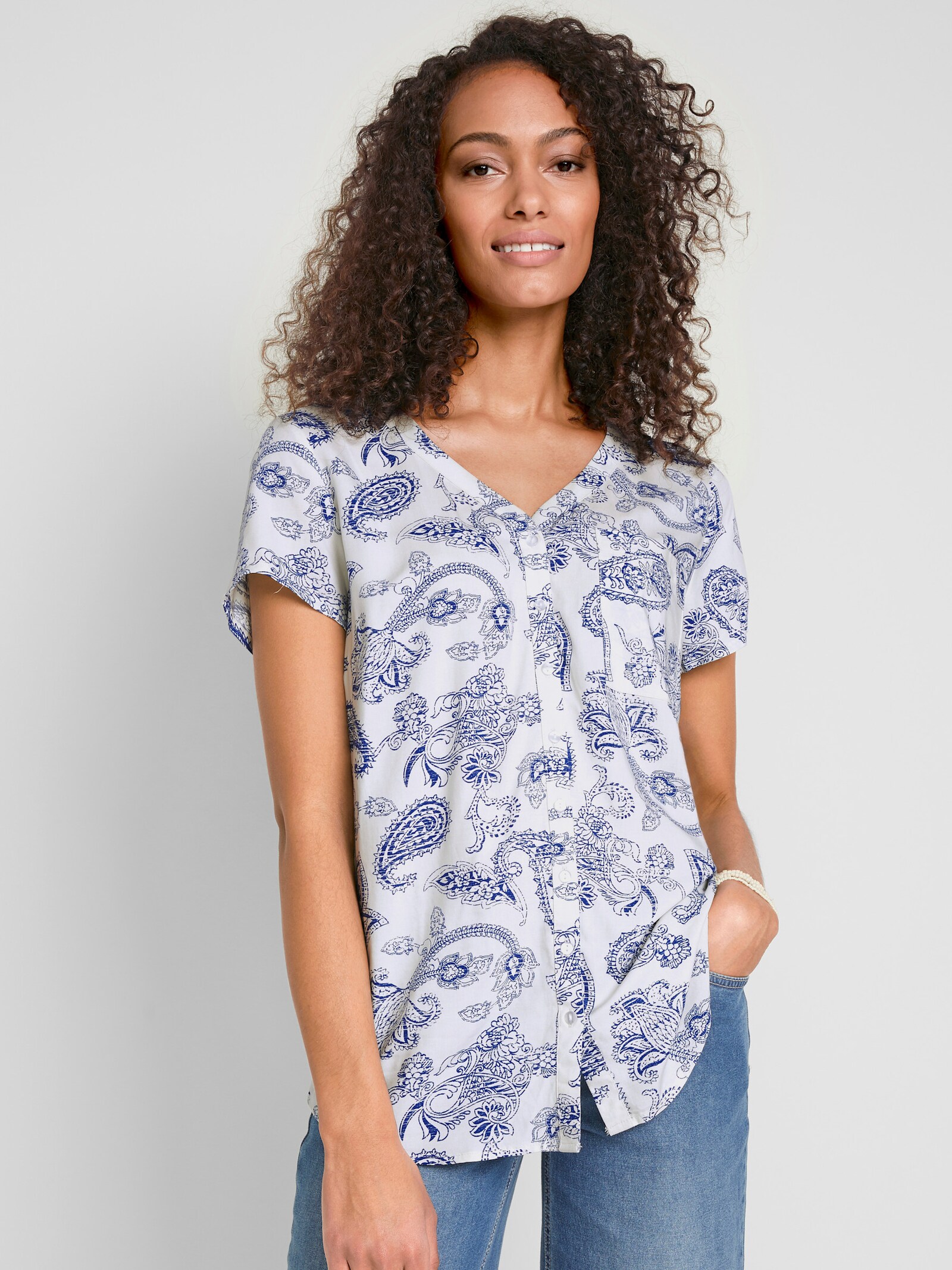 Druckbluse in Paisley-Dessin - weiß-marine-bedruckt