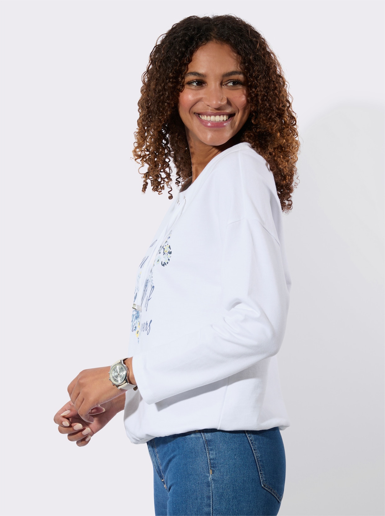 Sweatshirt - weiß-rauchblau-bedruckt