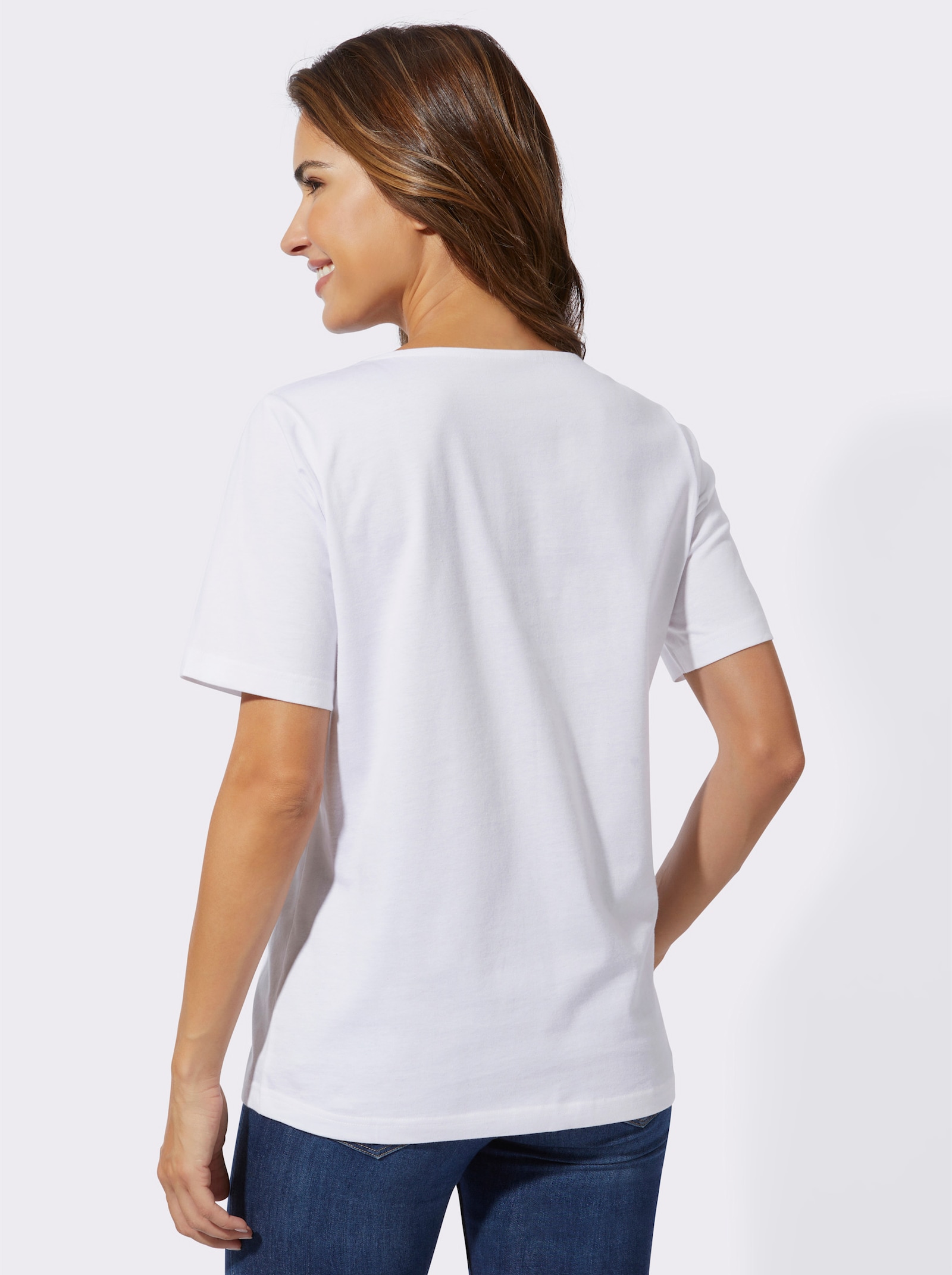 Kurzarmshirt mit Blüten-Motiv - weiß-jeansblau