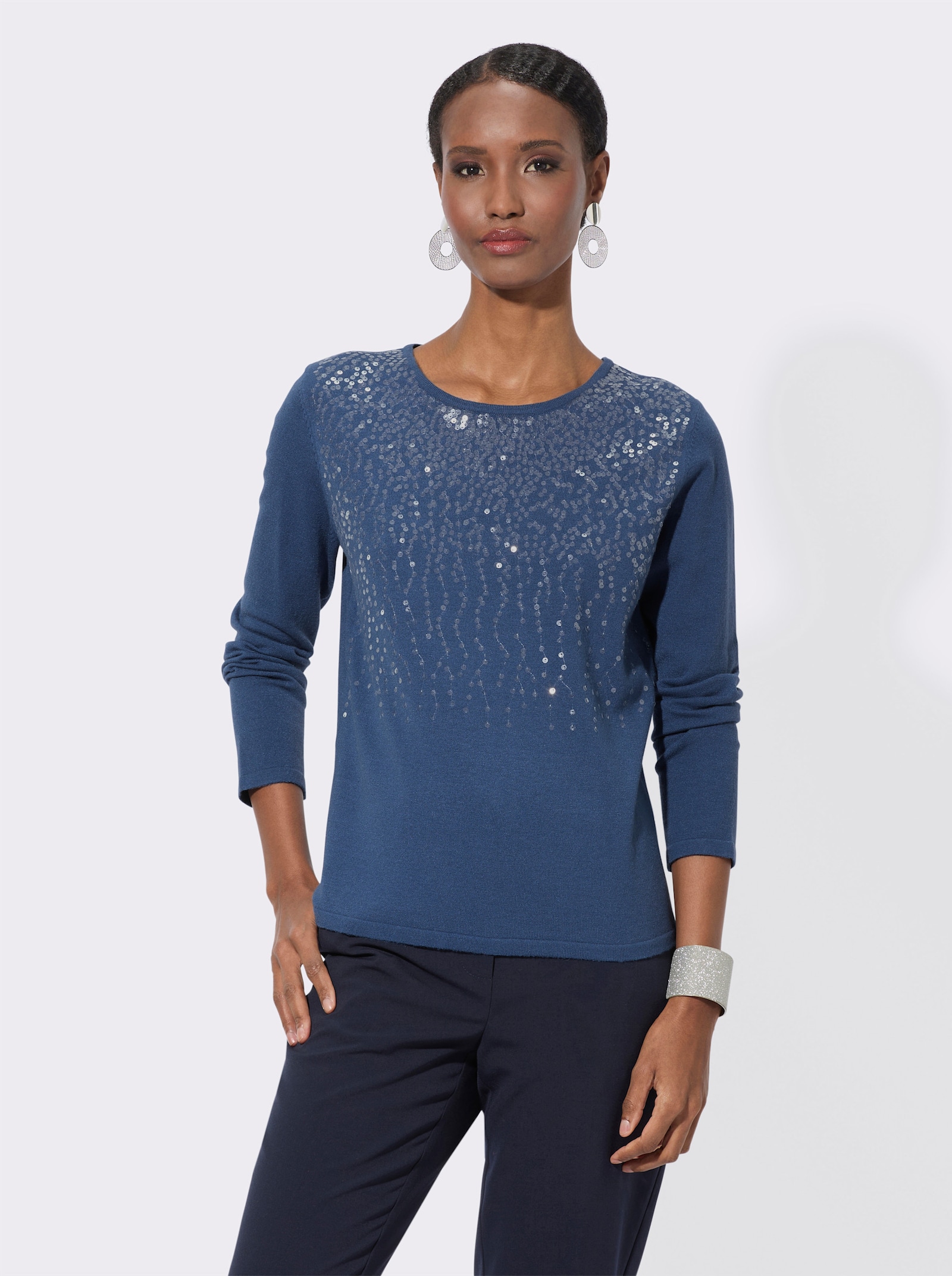 Feinstrickpullover mit transparenten Pailletten - jeansblau