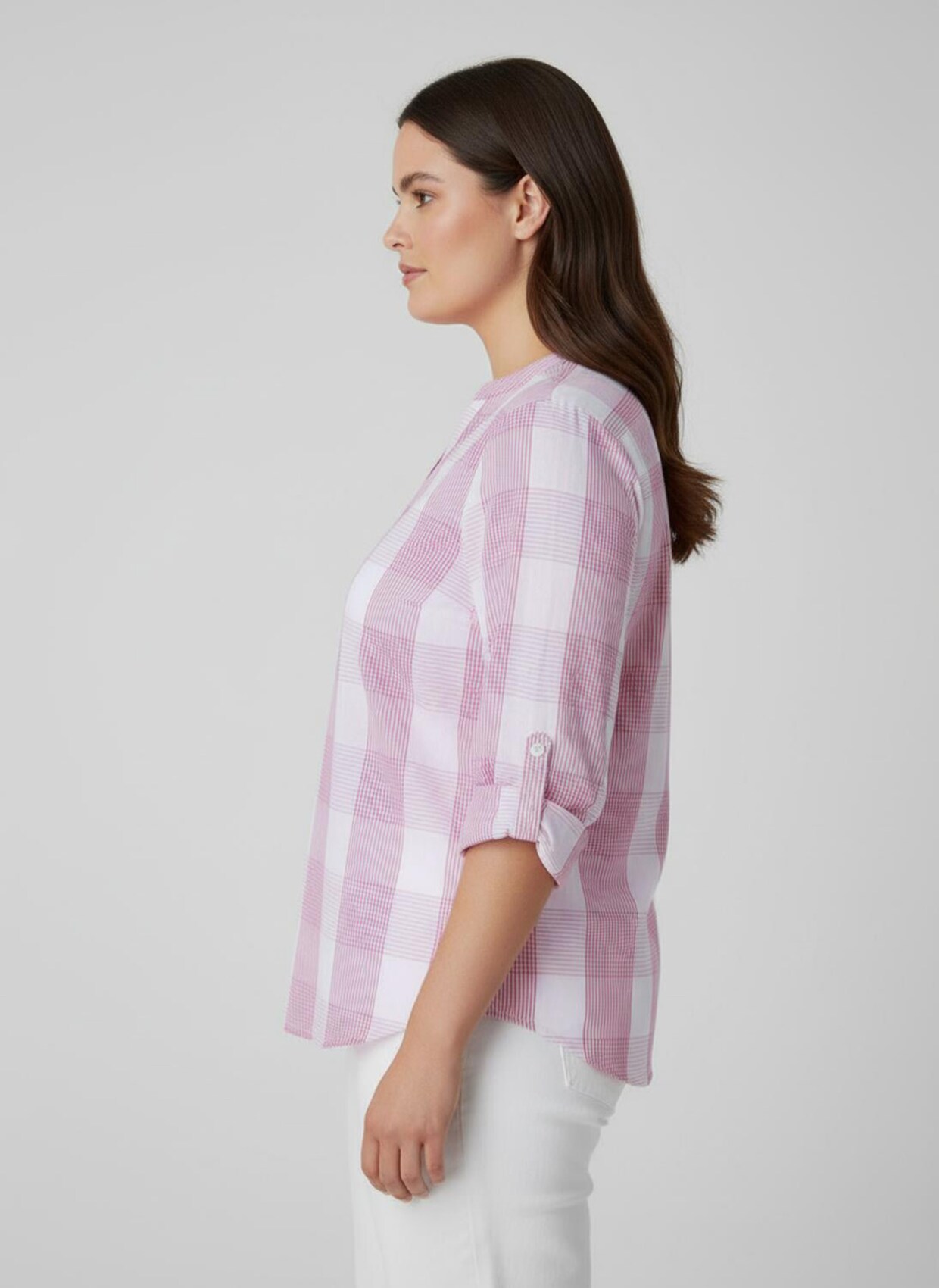 Baumwollbluse mit Stehkragen, kariert - pink-weiß-kariert