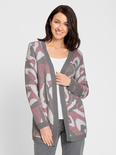 Jacquardstrickjacke in offener Form - hortensie-steingrau-gemustert